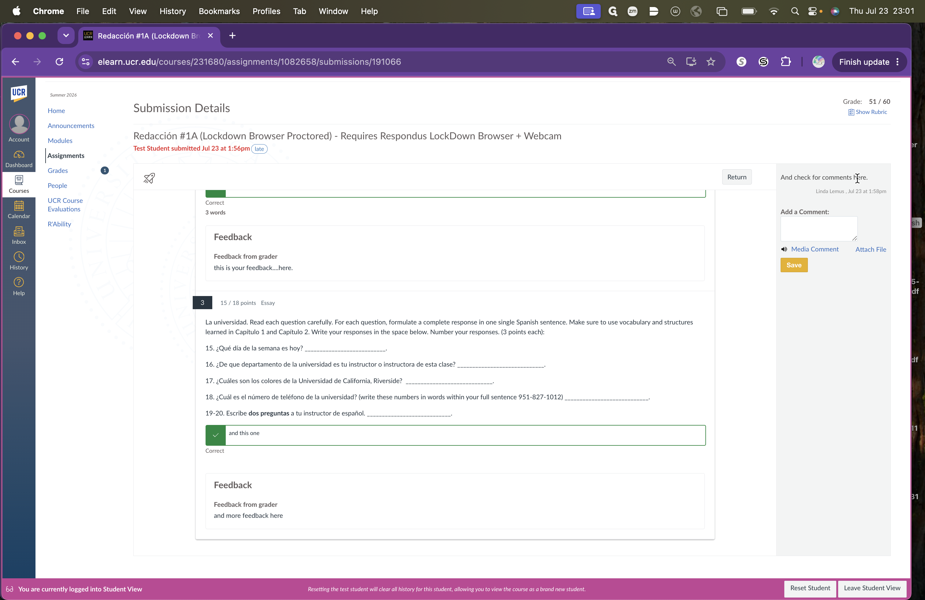 Step #4: Check the right-hand sidebar for additional comments from your instructor, and use the text box if you need to post a reply.