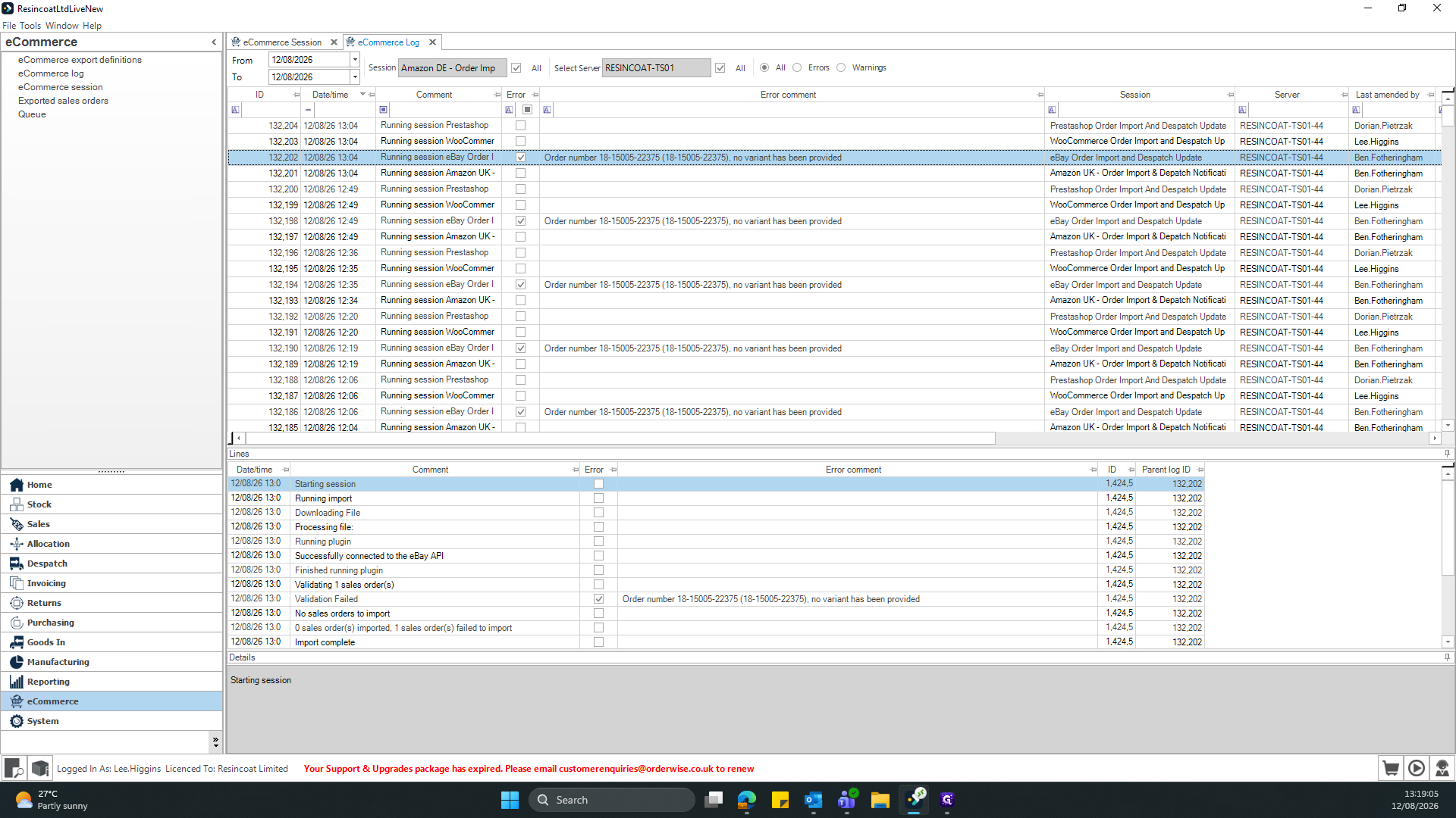 Step #4: Locate and select the session log entry for the problematic order in the main data grid.