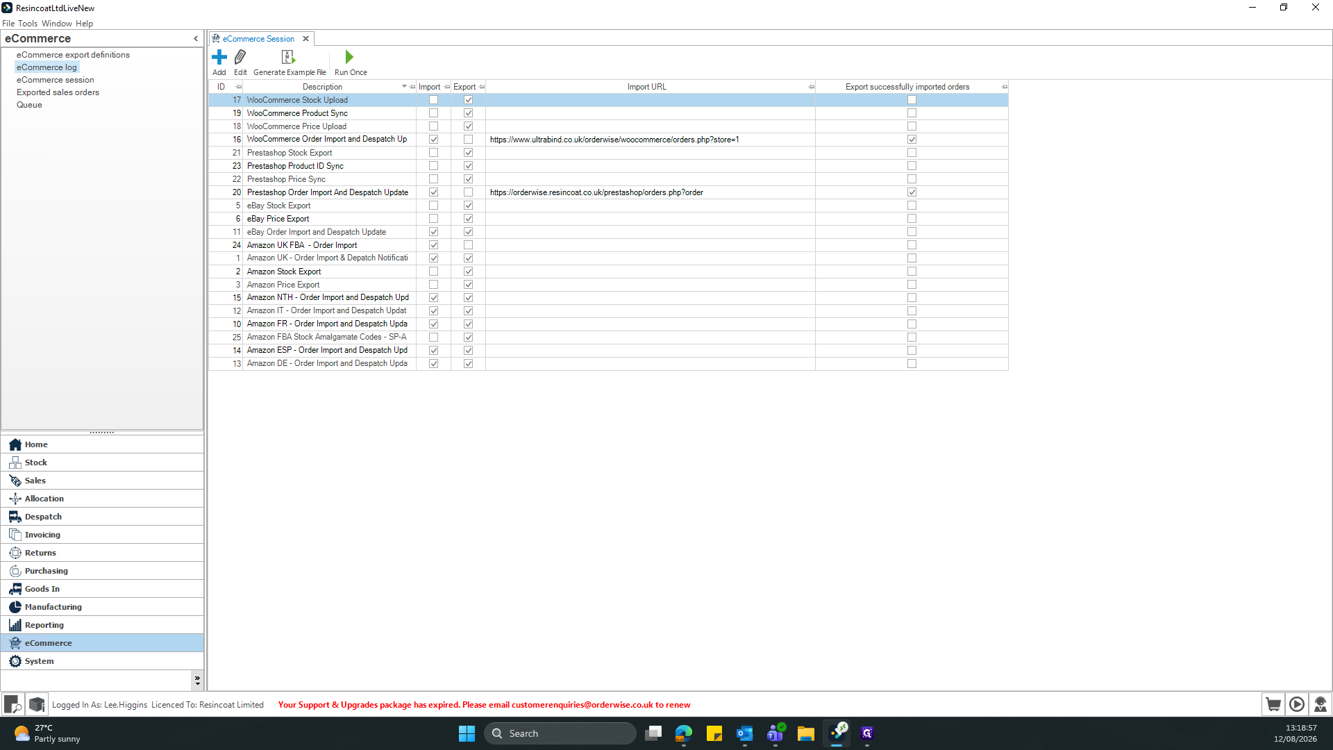 Step #2: Select eCommerce log from the session management window.