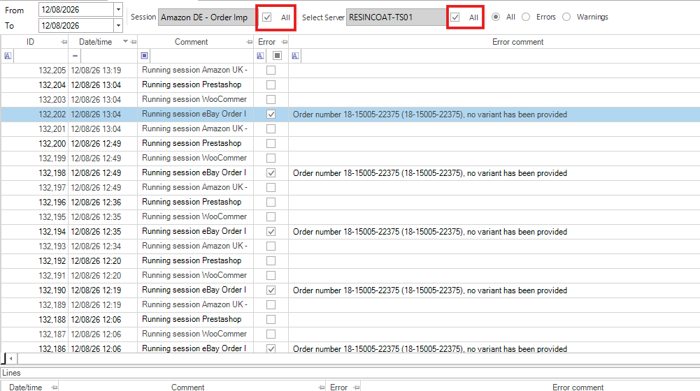 Step #3: Select "All" and "All" - Both tickboxes - At the top of the screen to pull through all session errors.