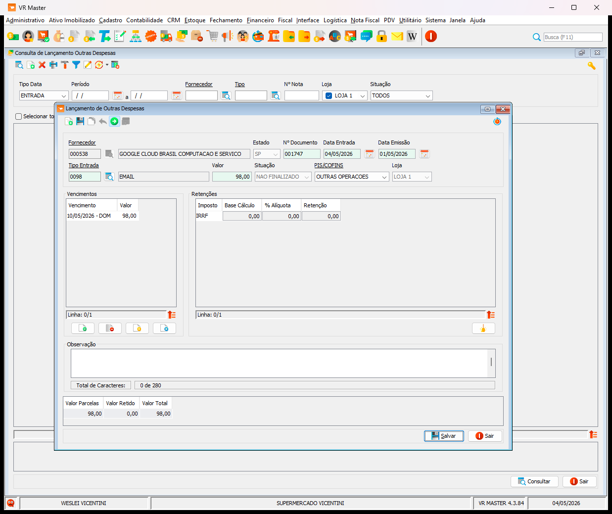 Step #9: Review the complete form and click Salvar at the bottom right of the main window to register the expense into the system.