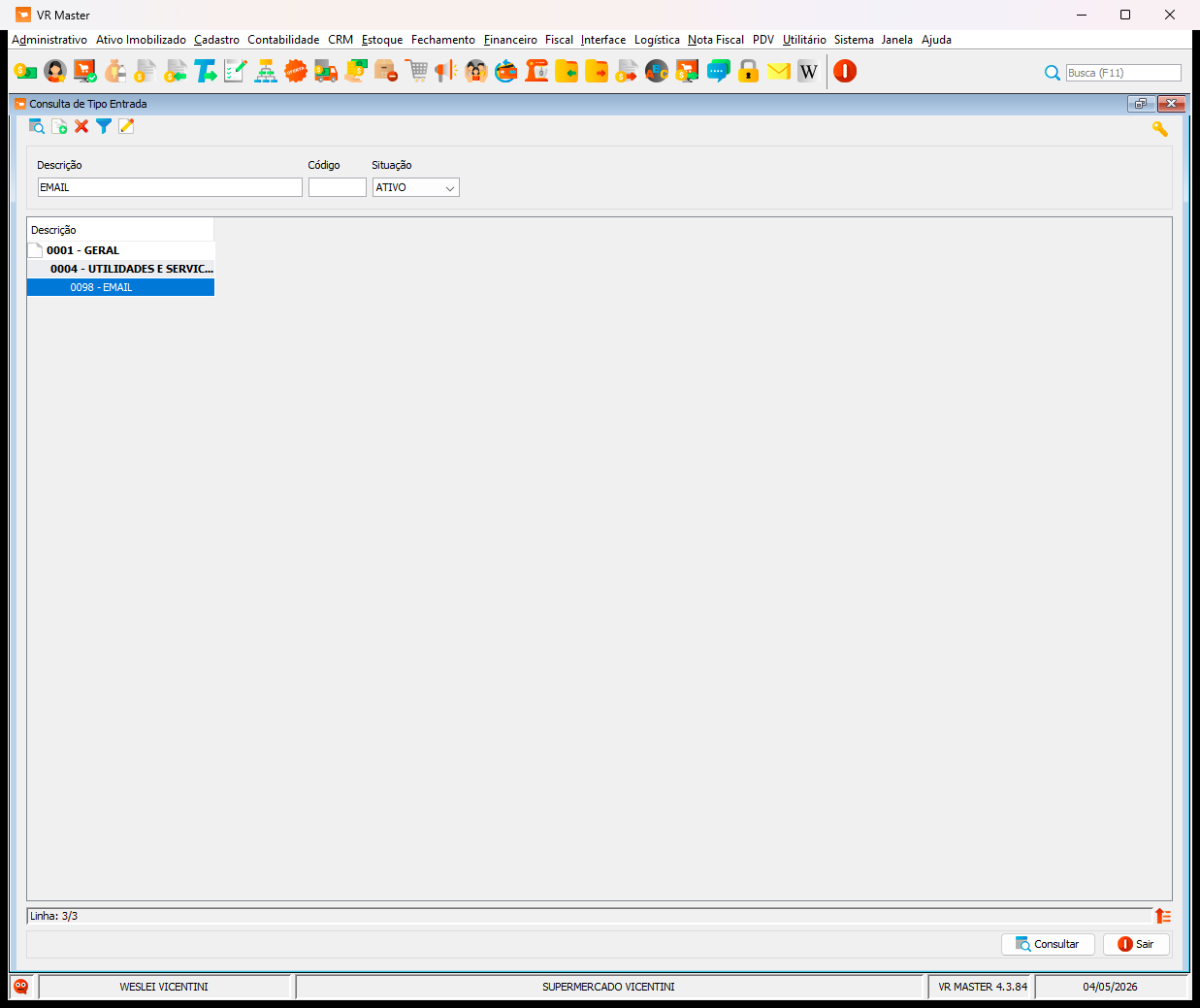 Step #5: In the Consulta de Tipo Entrada window, search for and select the correct expense category, such as 0004 - UTILIDADES E SERVIC.