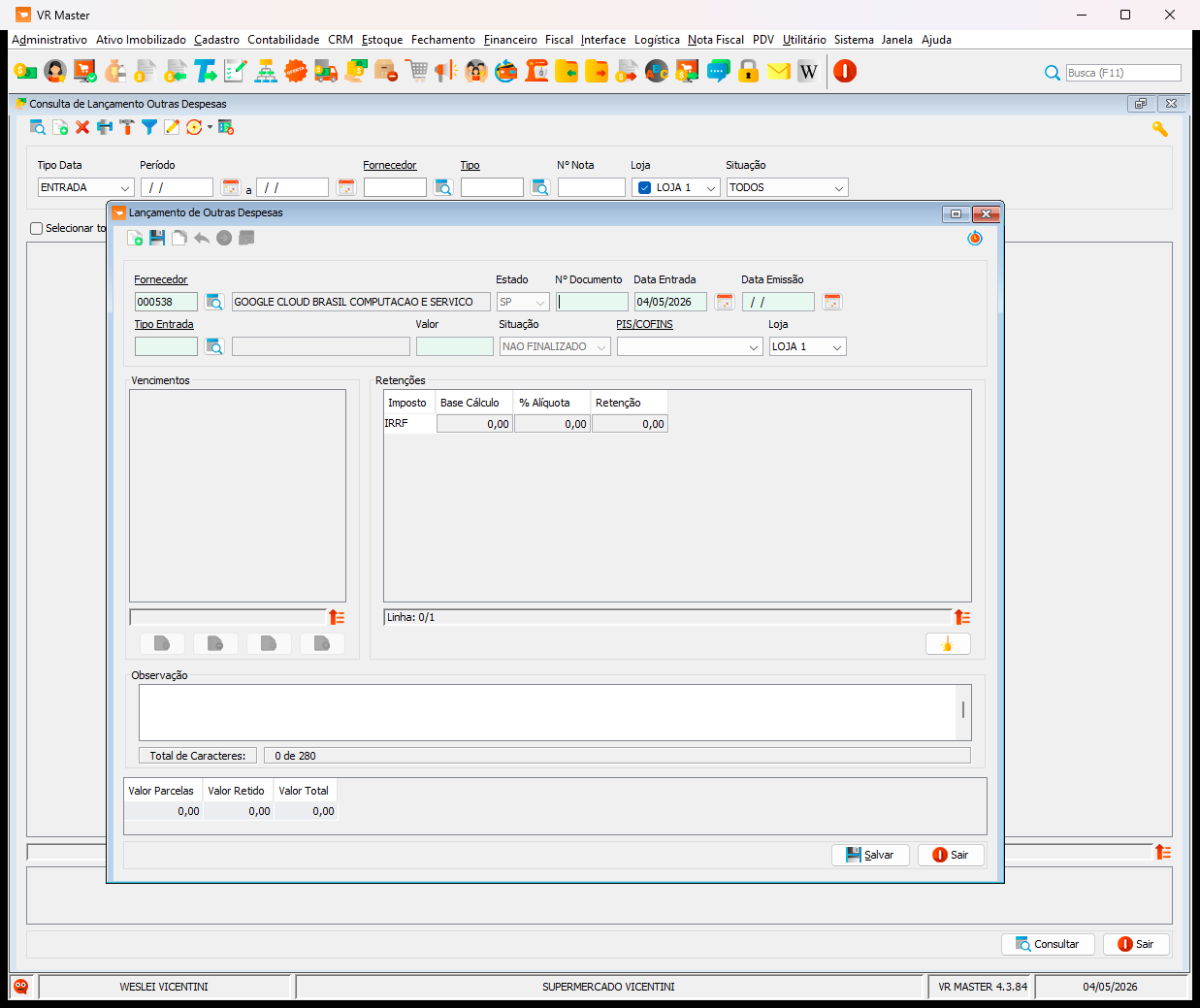 Step #4: Fill in the provider's details, the Nº Documento (Document Number), and the Data Entrada (Entry Date).