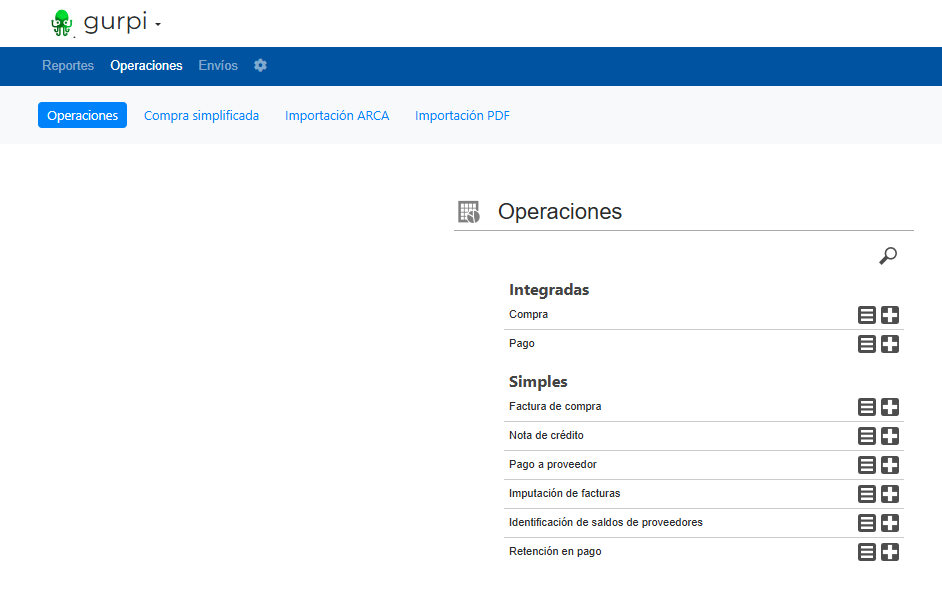 Step #1: Click en Compras y luego Operaciones. Seleccionamos el "+" de "Pago a Proveedor".