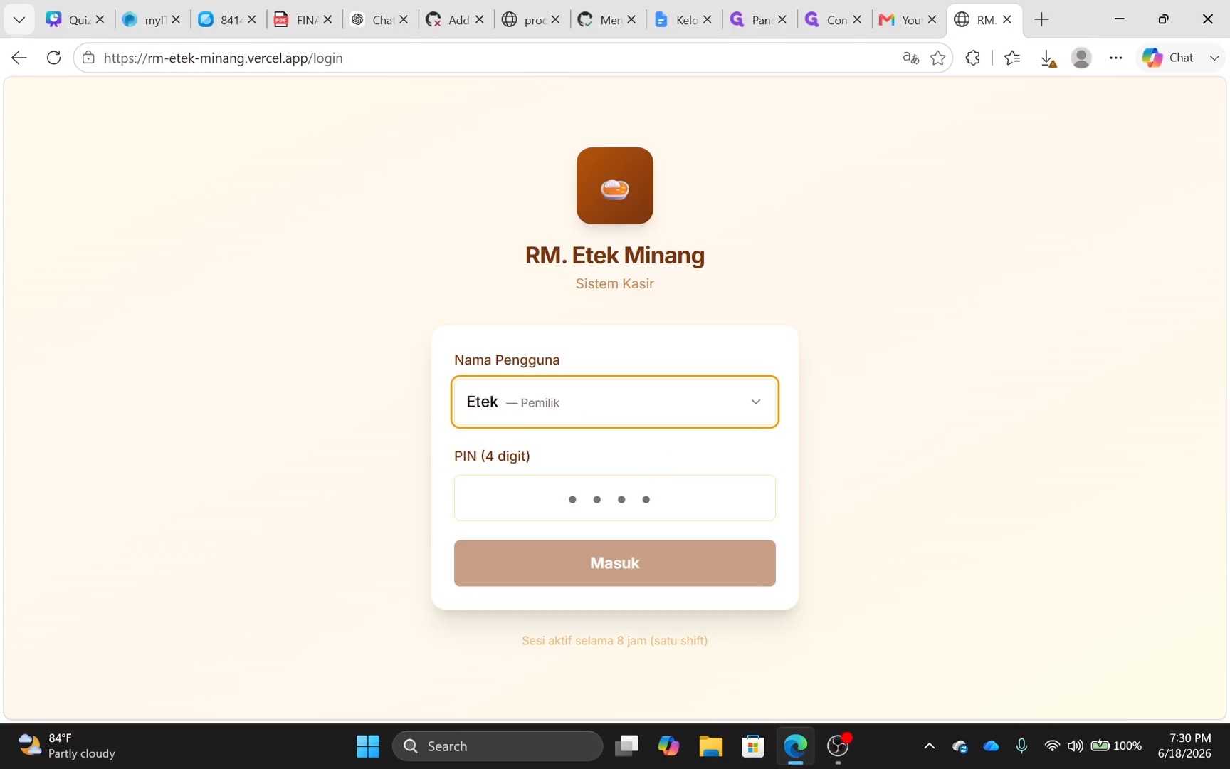 Step #1: Pilih pengguna Etek - Pemilik dari menu dropdown login.