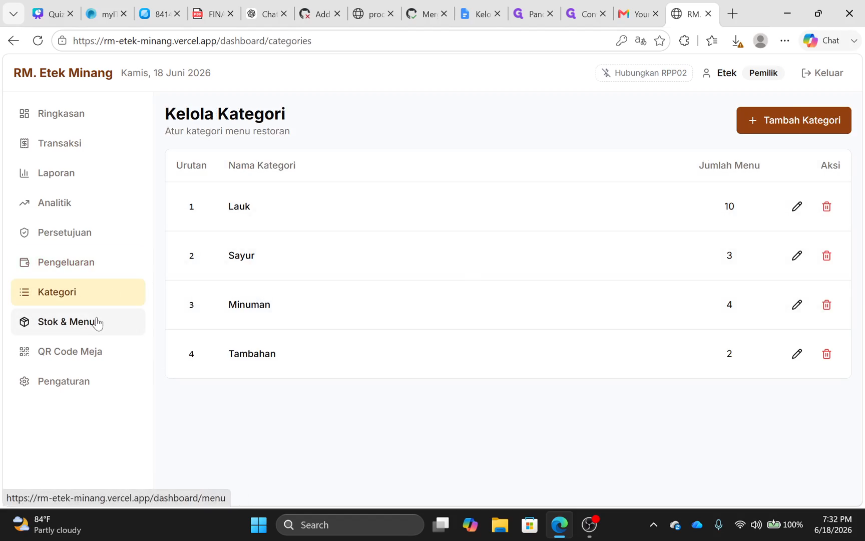 Step #10: Klik Stok & Menu untuk memperbarui ketersediaan dan harga hidangan.