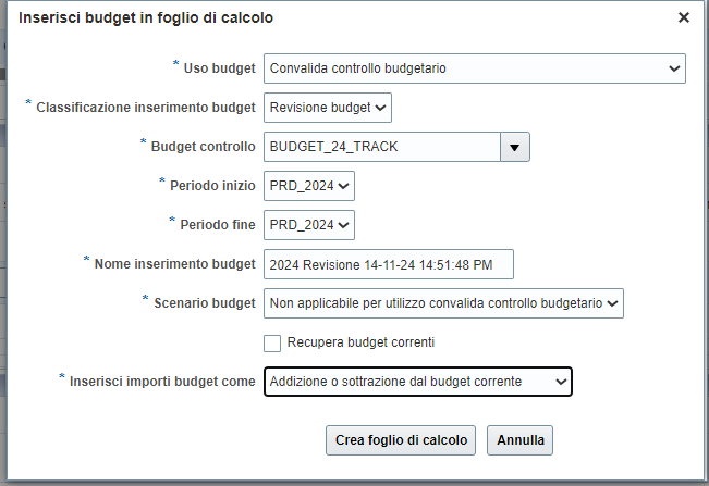 Step #7: Per eseguire il secondo scenario (incremento o decremento di una chiave di origine già inserita o incremento e decremento di una delibera già esistente) compilare i parametri in questo modo: