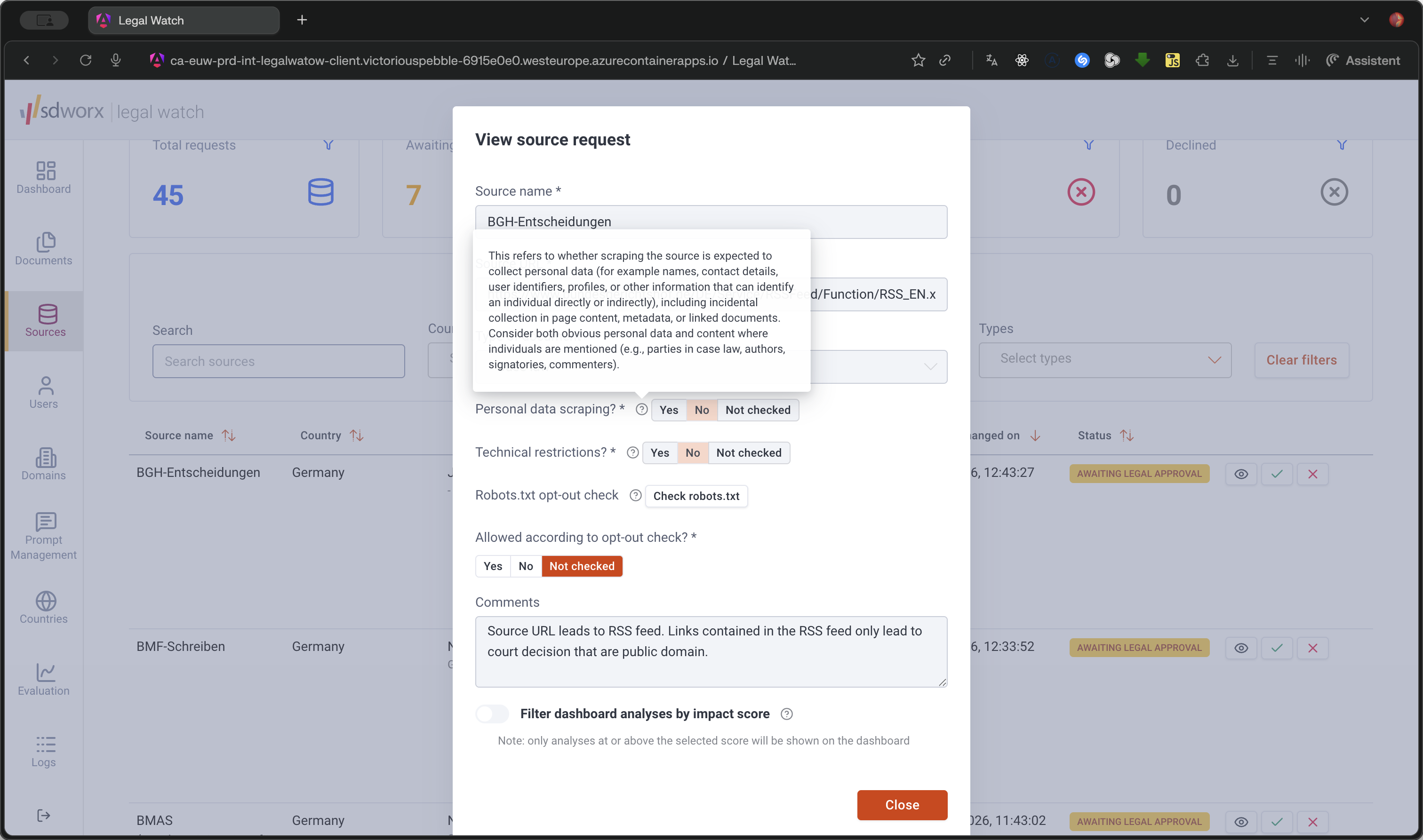 Step #3: Review the details in the View source request modal. You cannot edit the core source details, but you can review them and set the opt-out verdict.