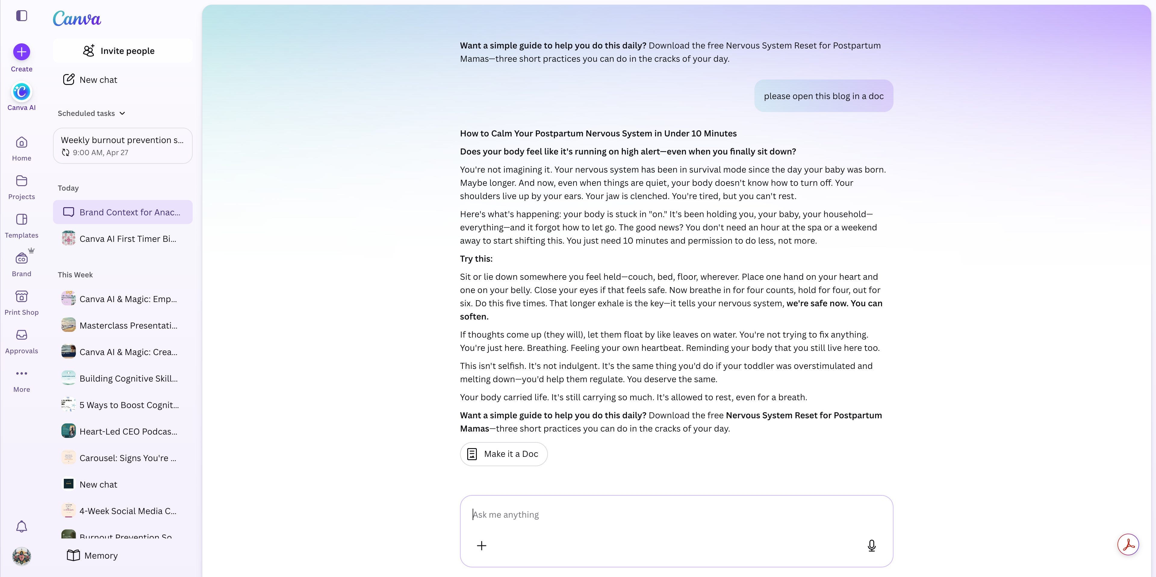 Step #1: Click the Ask me anything chat input field to paste your initial context or prompt template.