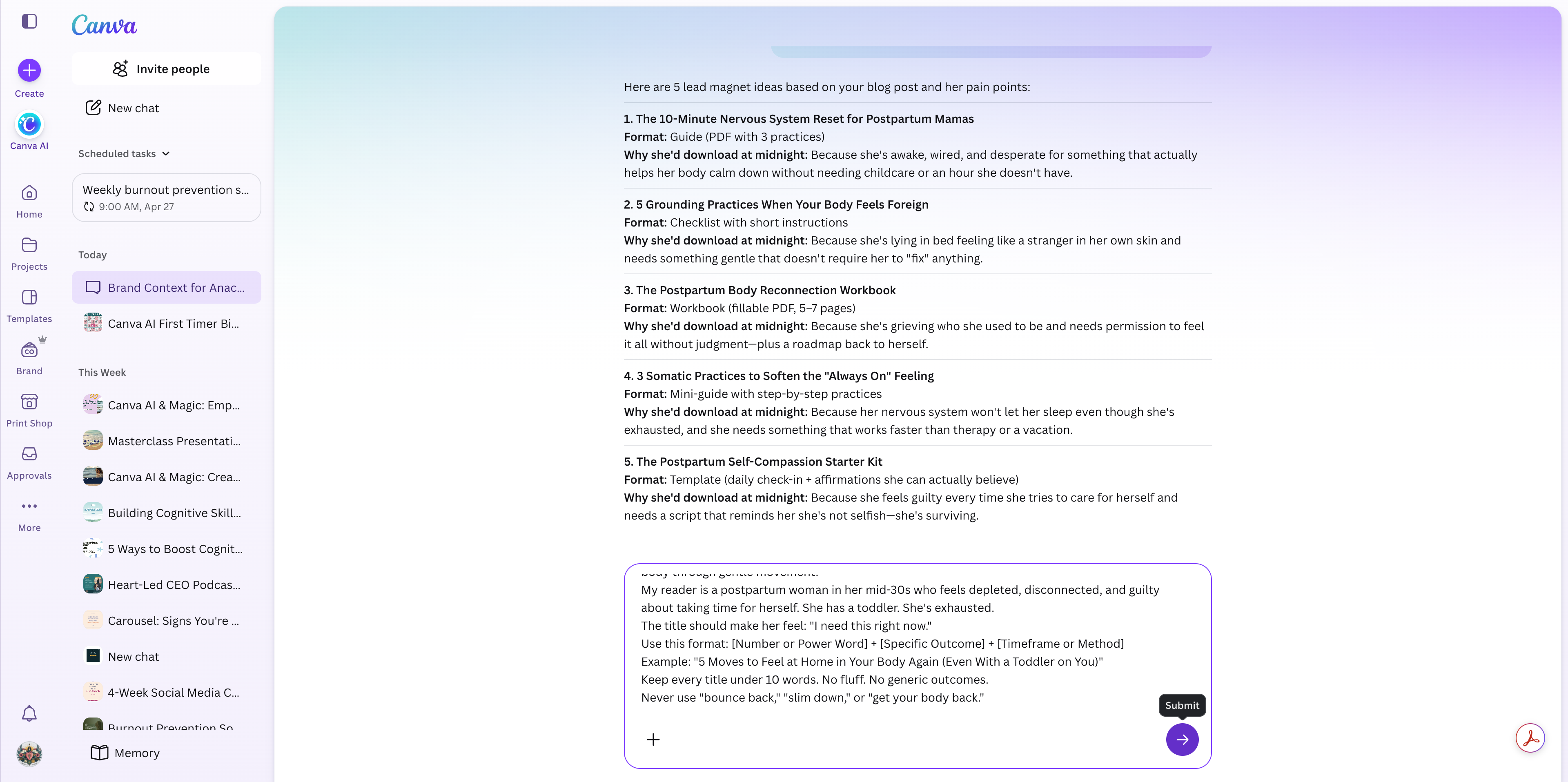 Step #3: Review the generated concepts. Tell the AI which idea you prefer (e.g., I like #4) and ask it to brainstorm titles, then click the Submit arrow.