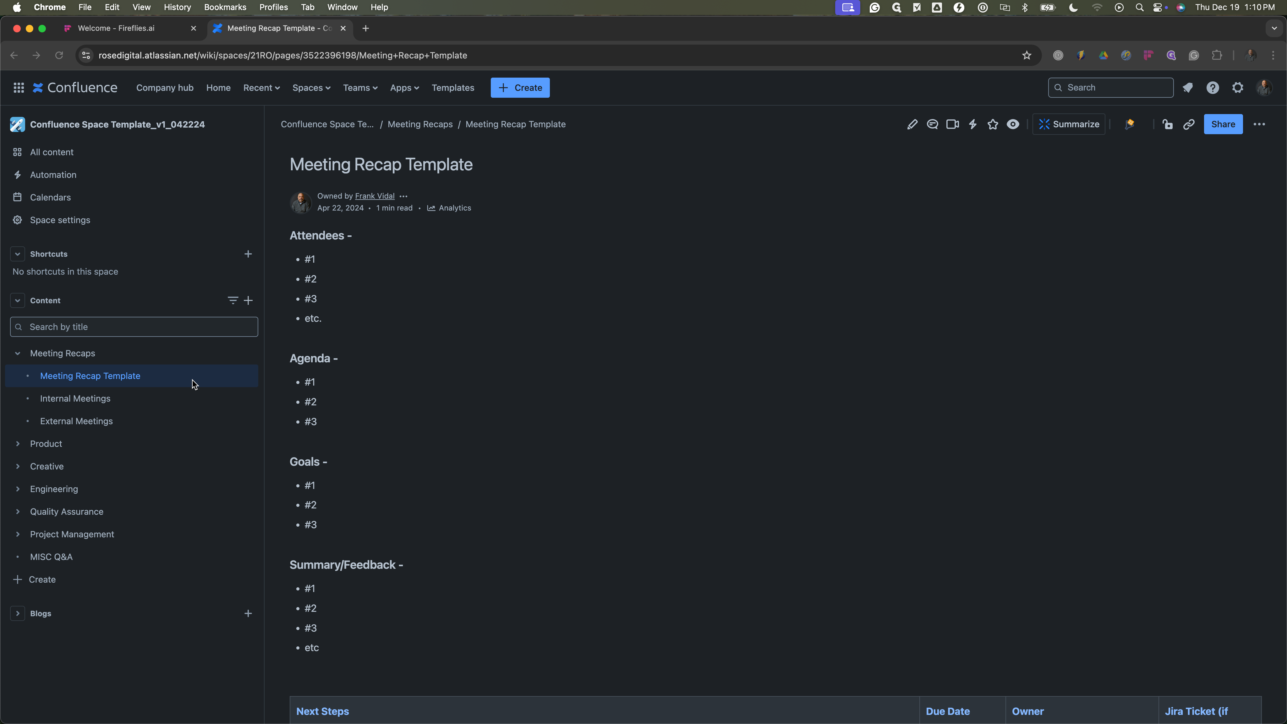 Step #1: Navigate to the meeting recap template within the Confluence space.