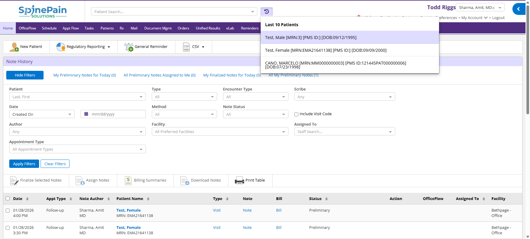 Step #3: Click on "Test , Male [ MRN"