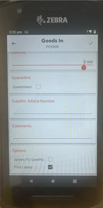 Step #8: If agreed with purchasing that the PO amount needs to change, you can tick the "Update PO quantity" field at the bottom of the screen this updates the PO to fully received once booked in.