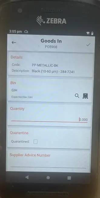 Step #7: Enter the quantity received - this should line up with the delivery note. If no delivery note is present, then the goods will need to be manually counted prior to booking in.