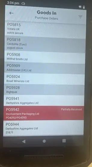 Step #5: Once in the goods in module, you will see a list of PO numbers - Select the PO number you wish to book in (This should match up with the delivery note)