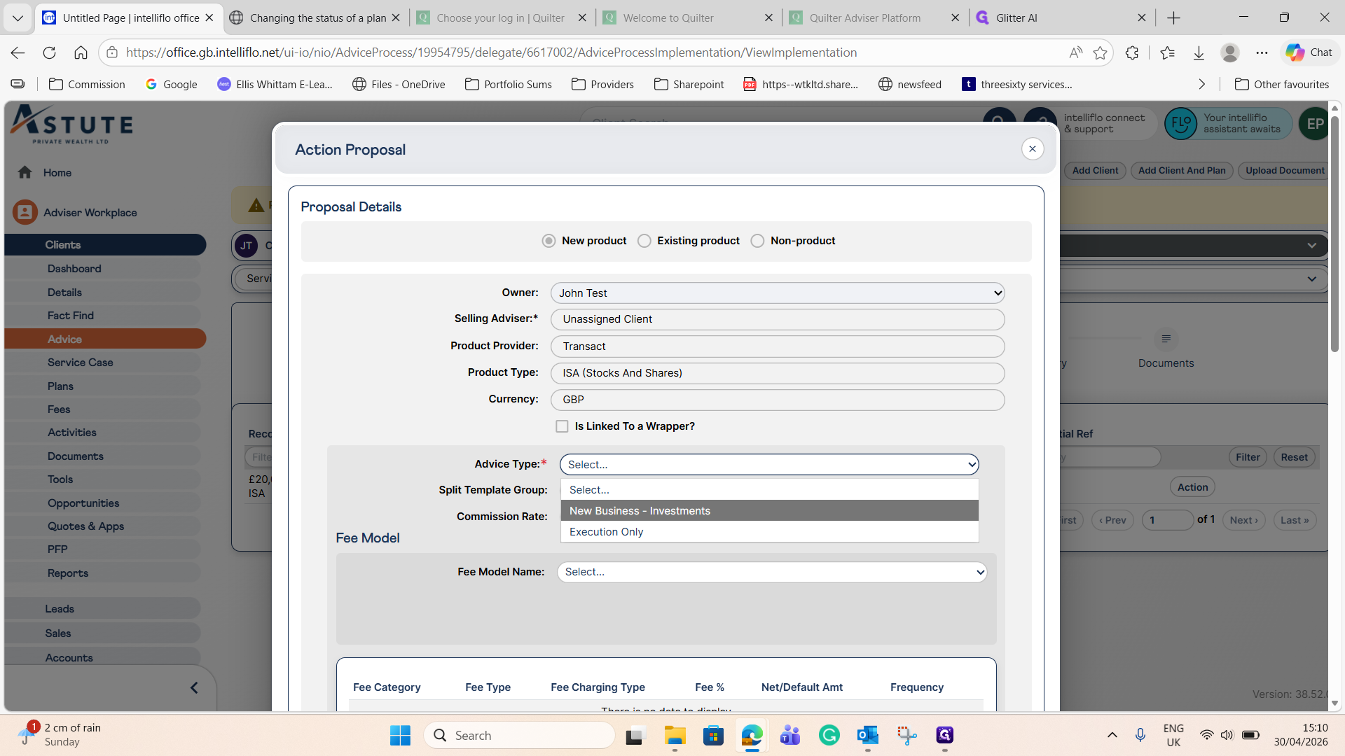 Step #22: Set the Advice Type to New Business - Investments.
