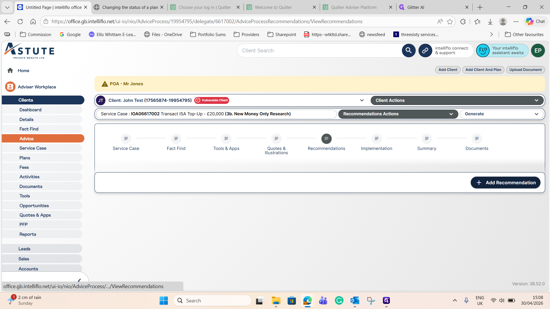 Step #4: Click + Add Recommendation to open the creation modal.