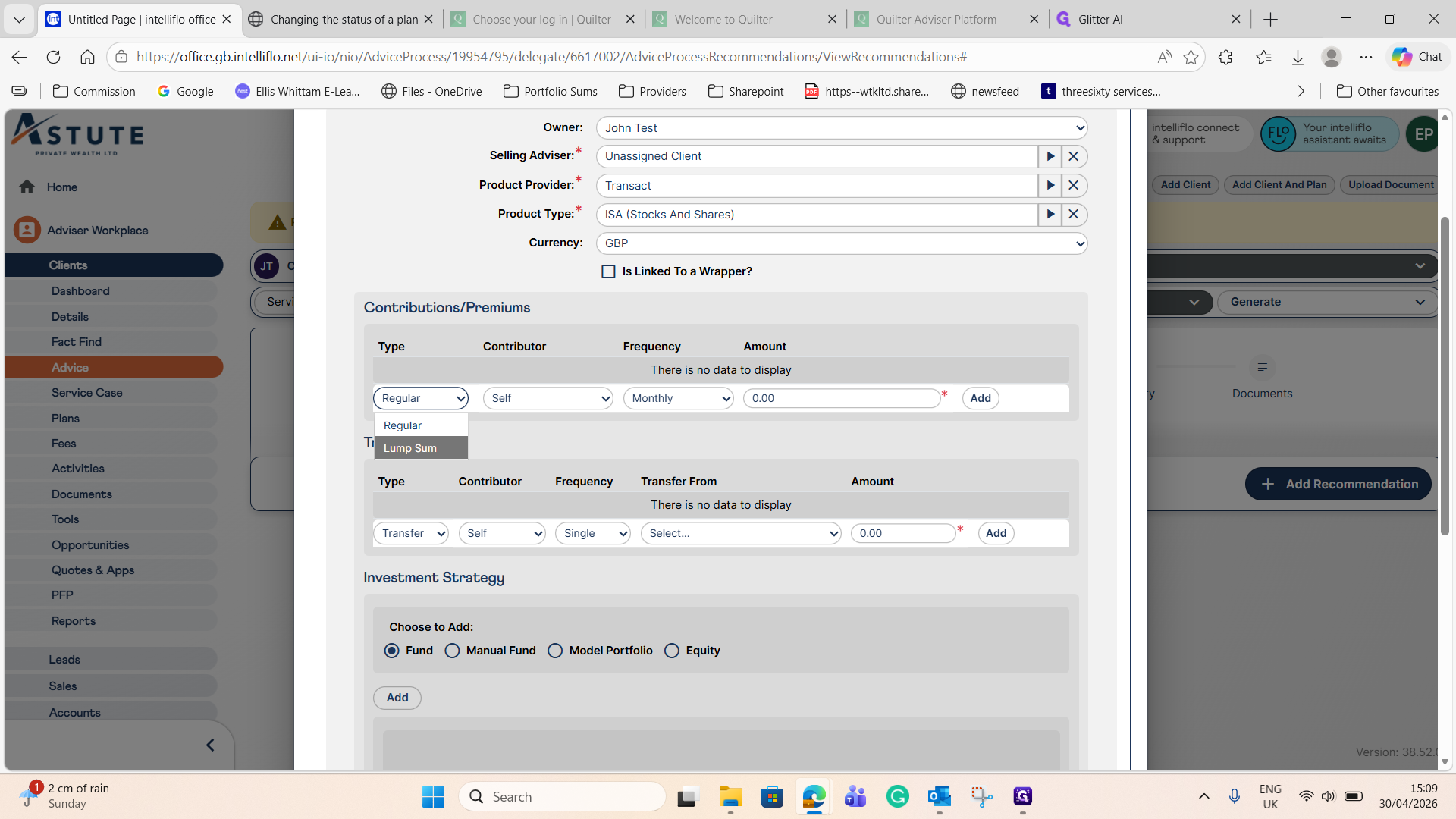 Step #14: In the Contributions/Premiums section, select Lump Sum as the contribution type.