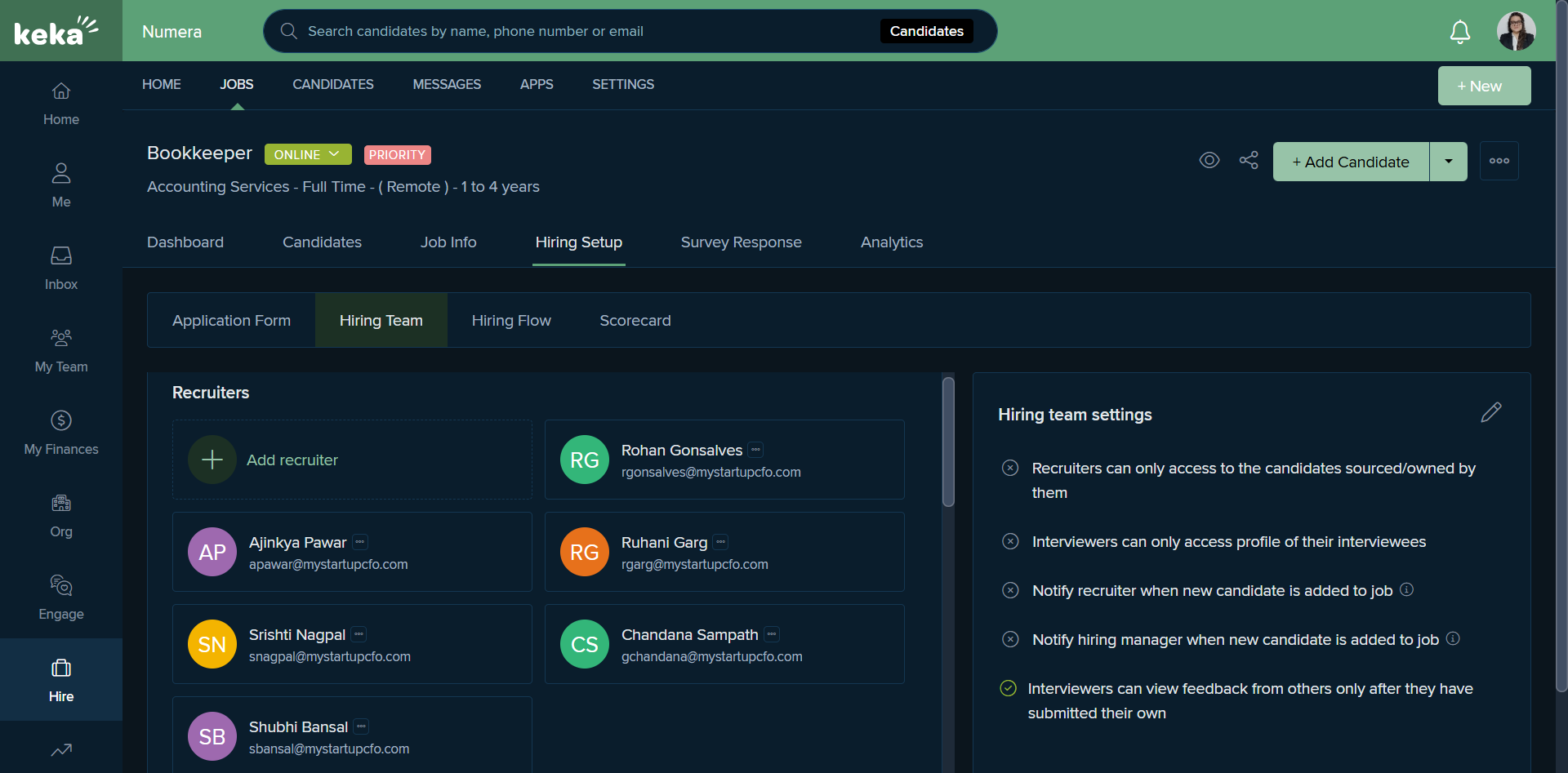 Step #63: Under Hiring Setup, in the Hiring Team section, we can add any recruiter.
