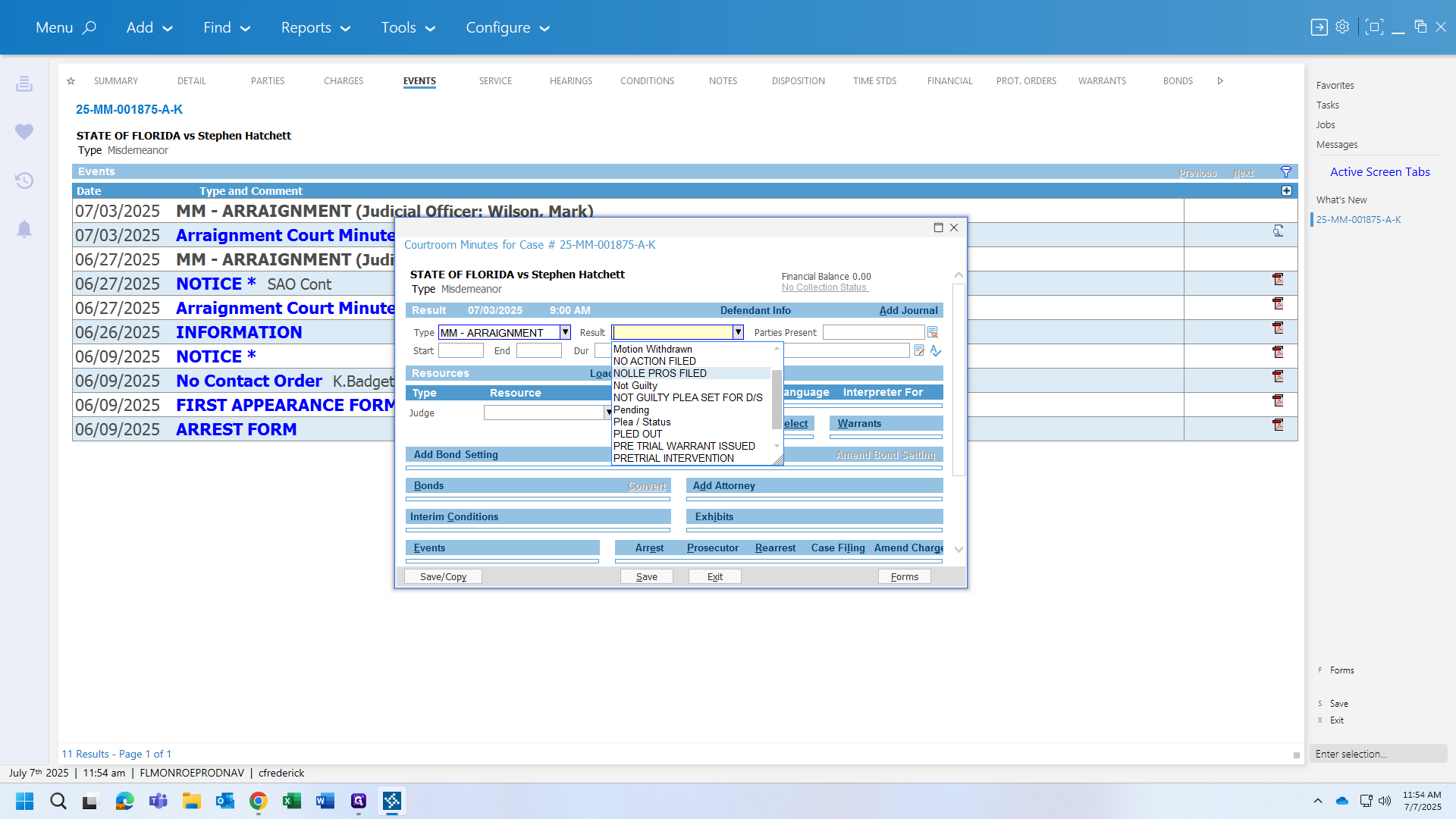 Step #6: Click on "NOLLE PROS or NO ACTION FILED"