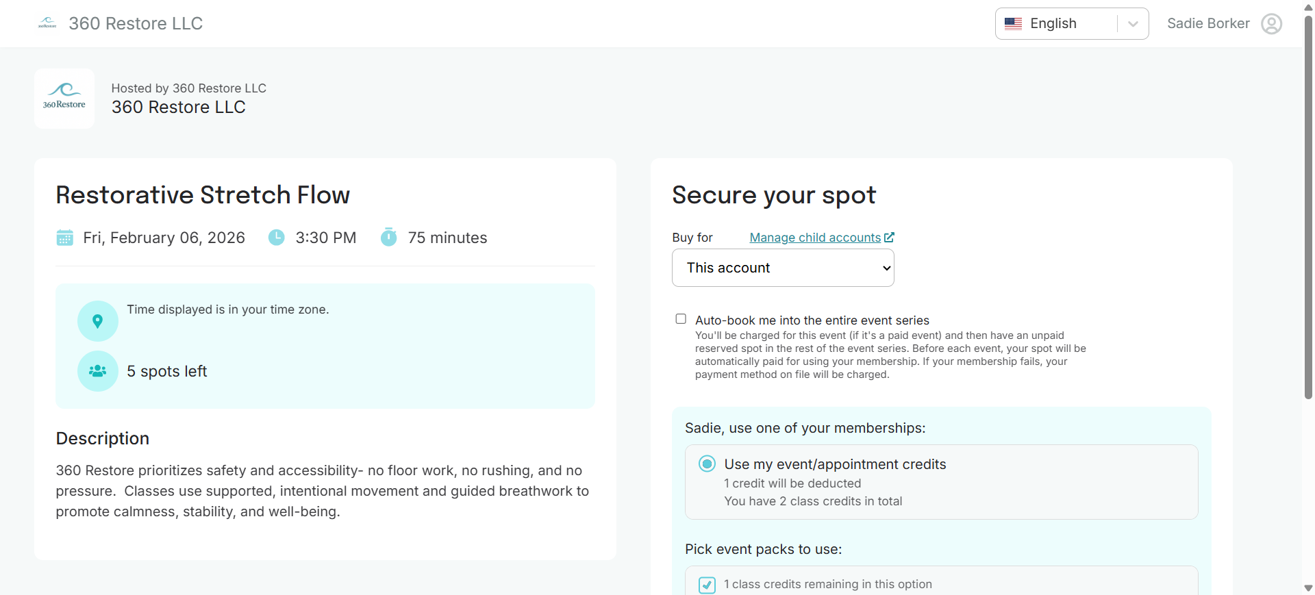 Step #6: After log in, you should see the option to pay for the class with existing credits if you have them.