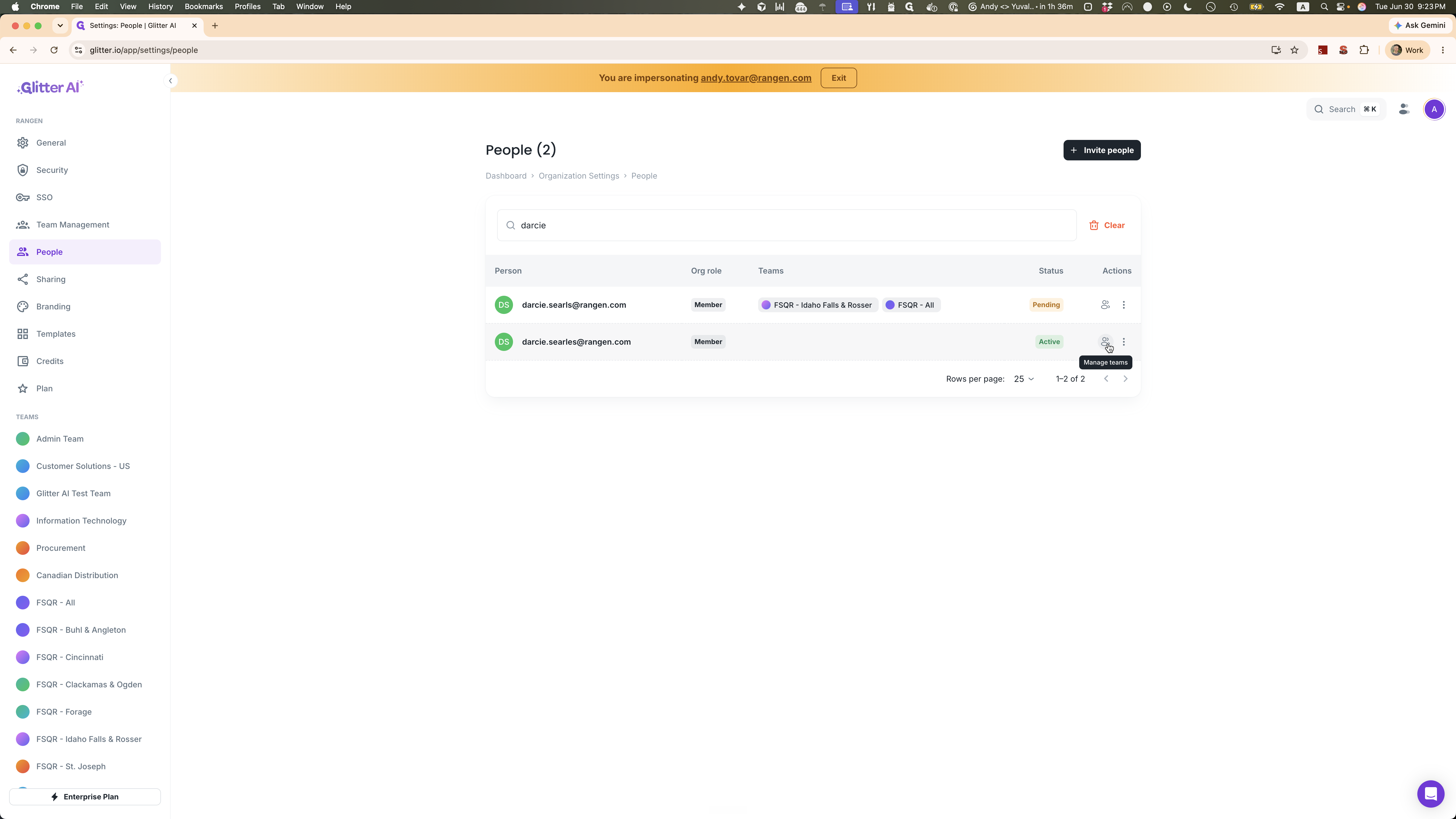 Step #2: Click the Manage teams icon in the Actions column next to the active user.