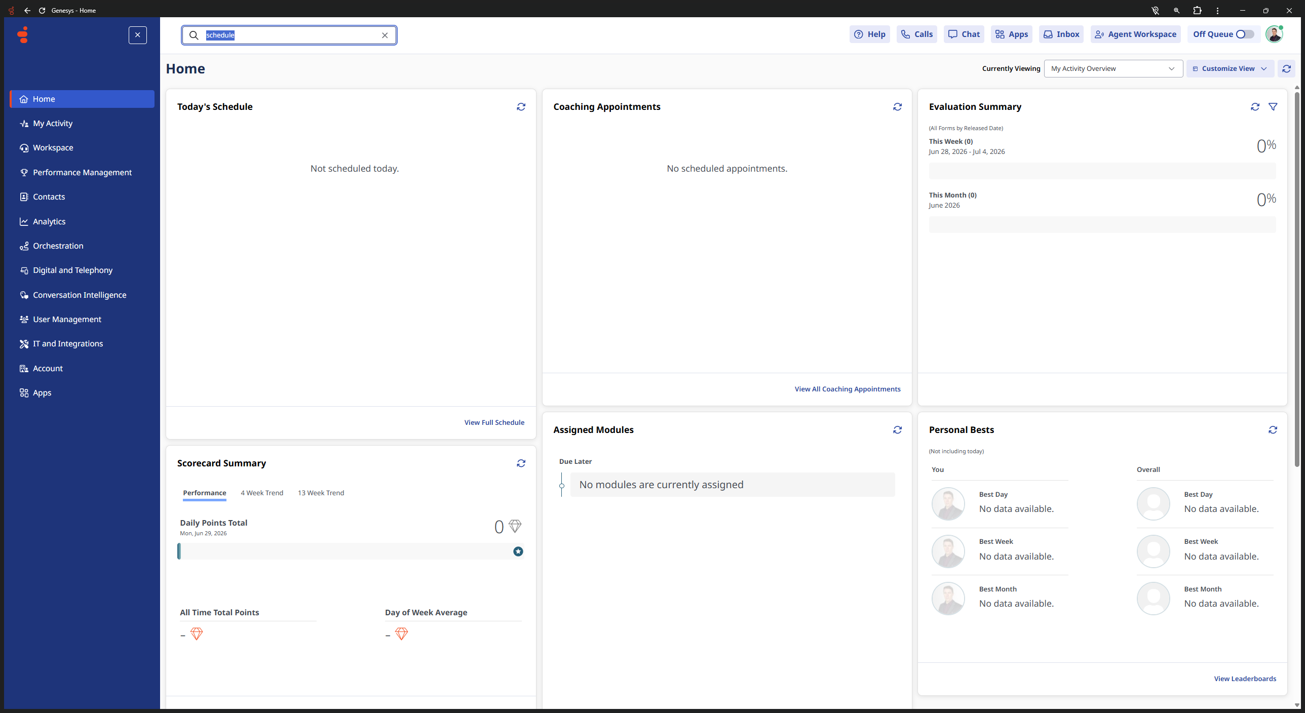 Step #1: Click the search bar at the top of the Genesys Cloud user home dashboard.