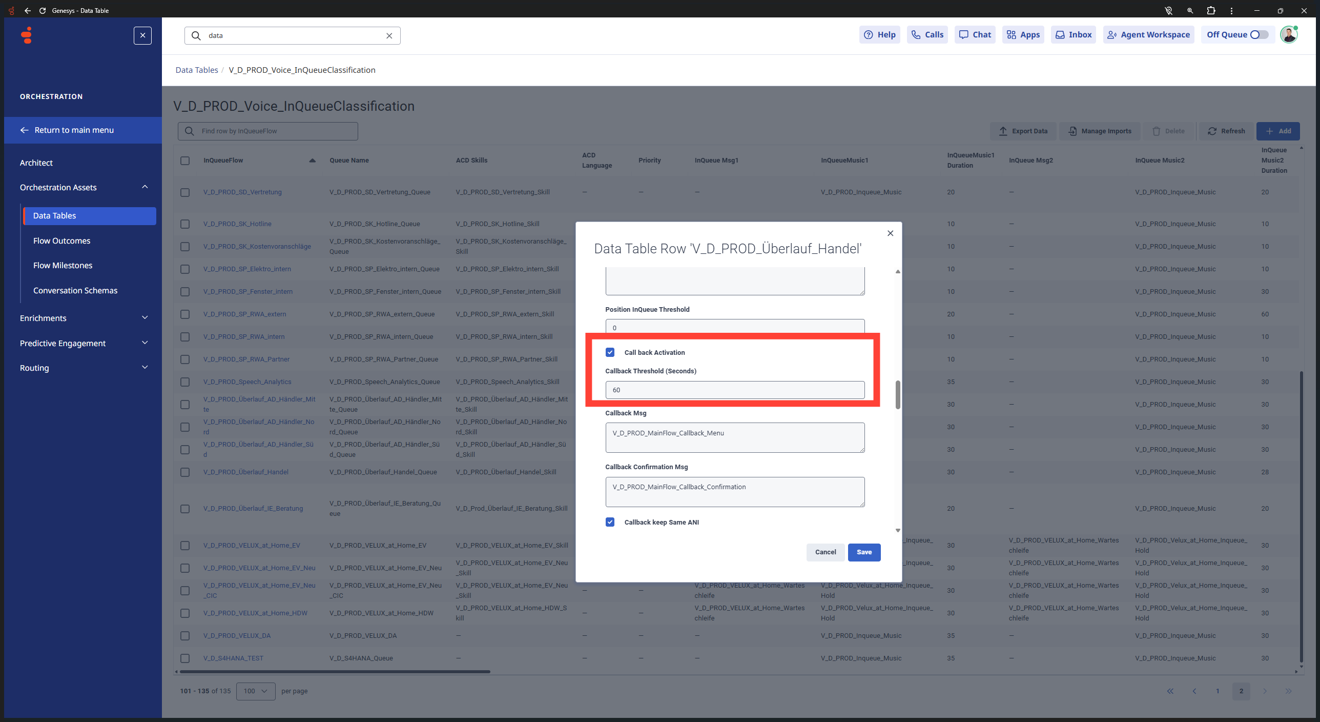Step #7: In the modal window, configure your callback settings, queue thresholds, message identifiers, and activation toggles, then save your changes.