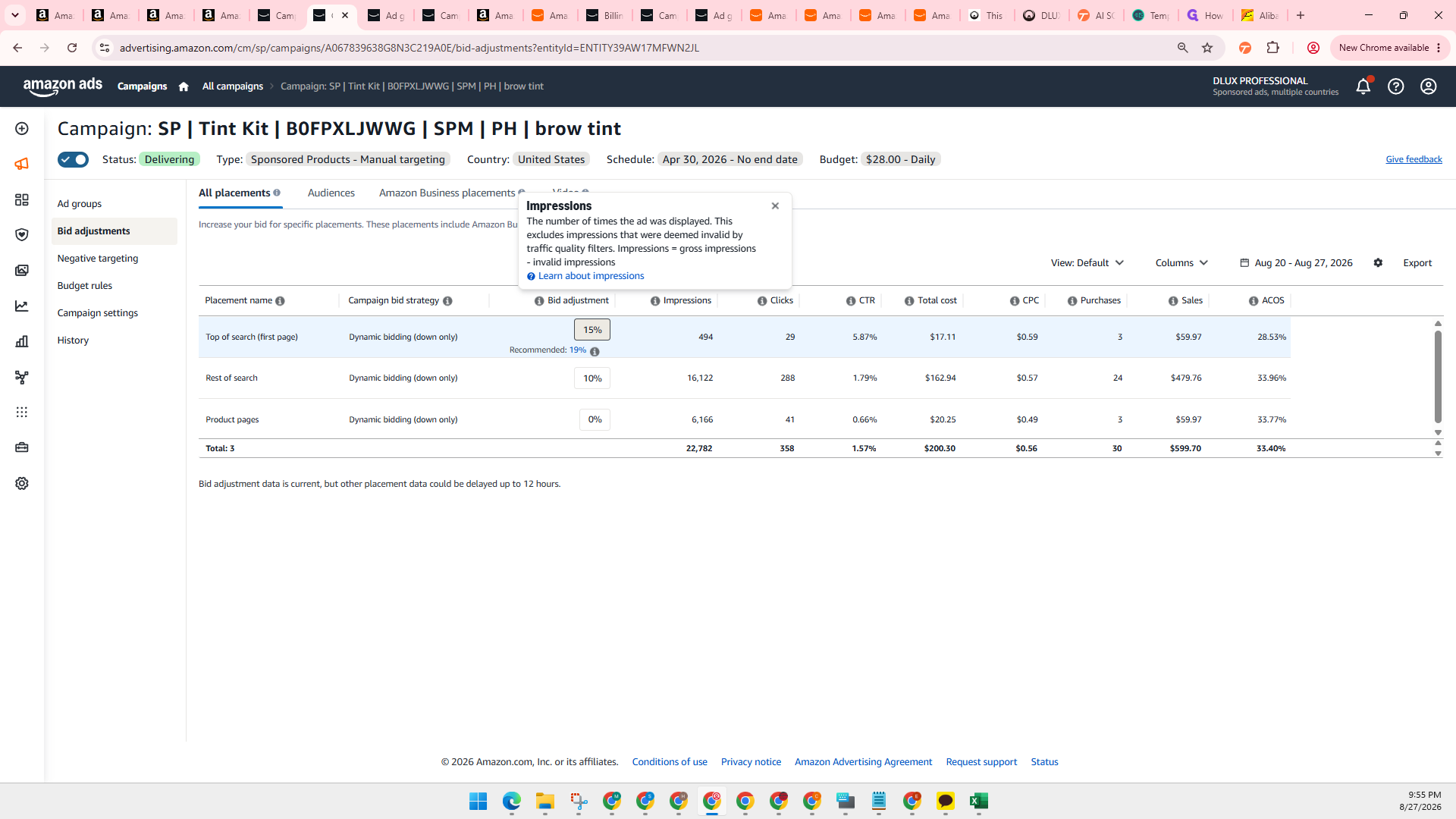 Step #13: Click the percentage input field under the Bid adjustment column for the placement you want to modify (e.g., Top of search (first page)).
