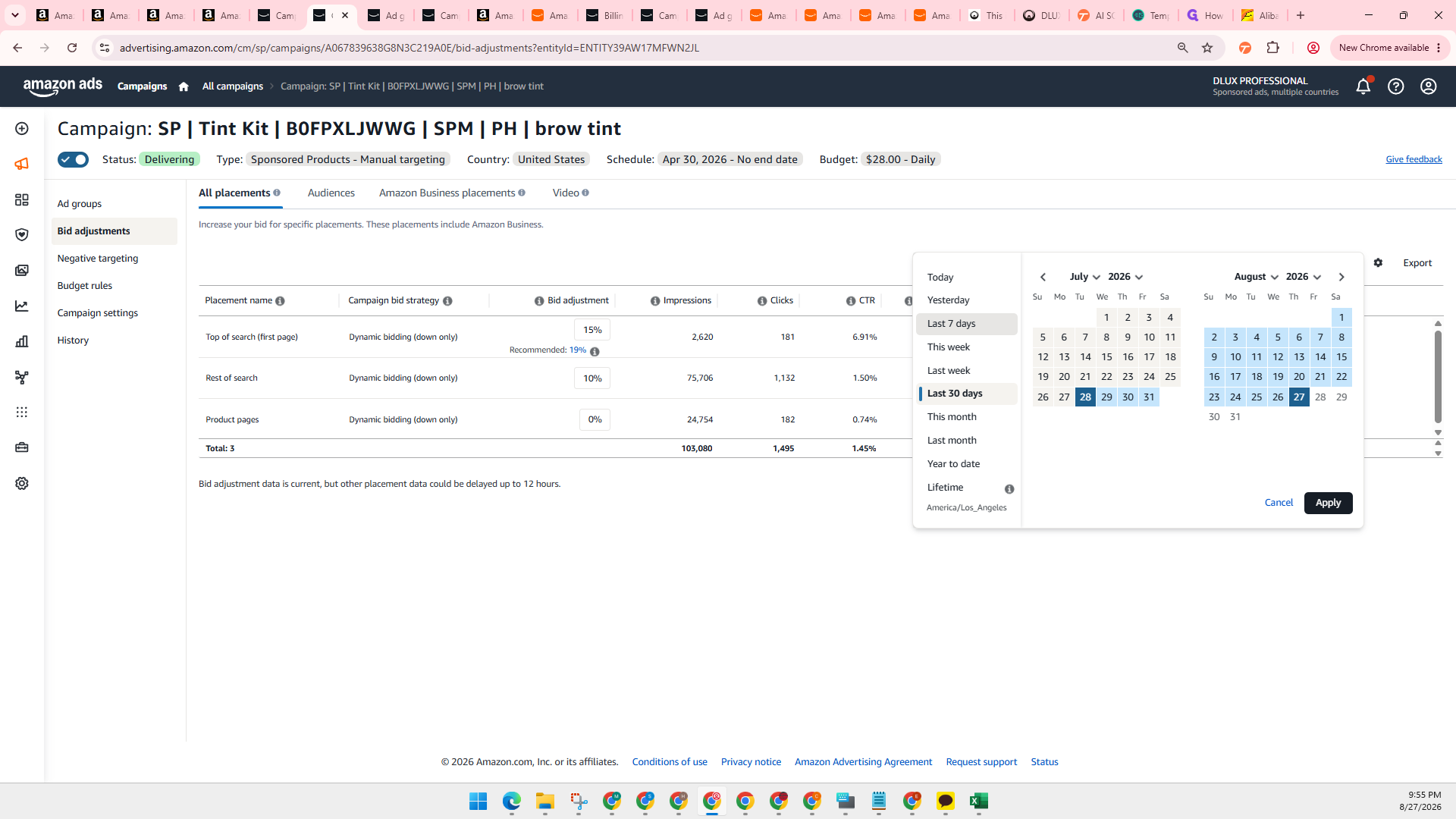 Step #12: Click Last 7 days to review recent placement metrics.