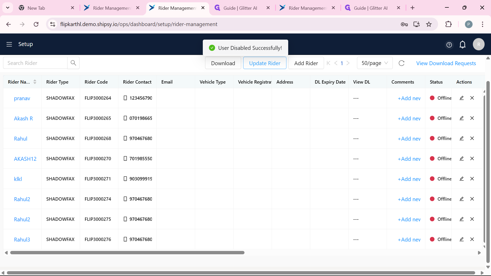 Step #2: Click on "Update Rider" to update the rider details