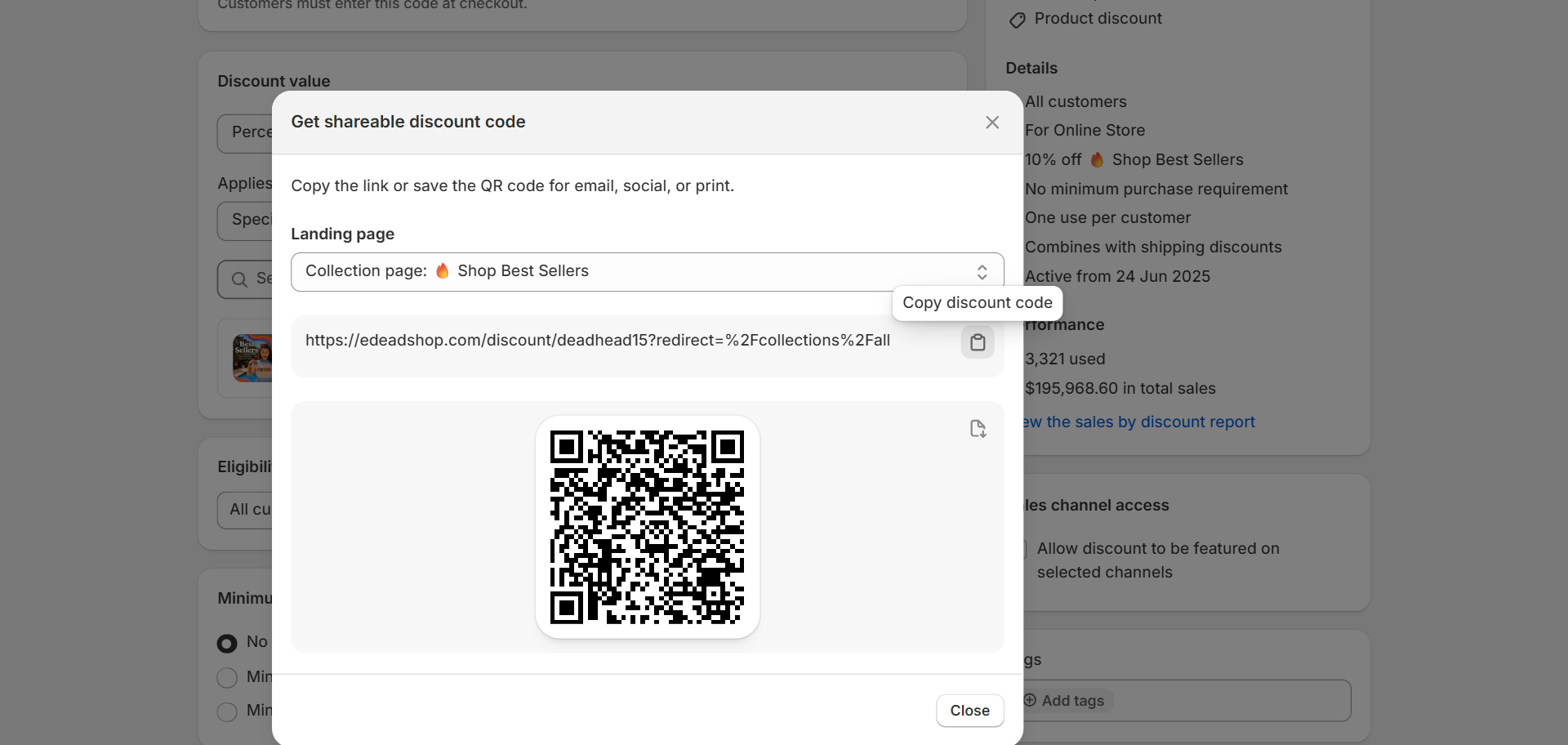 Step #3: In the Get shareable discount code modal window, click the copy icon next to the generated URL.