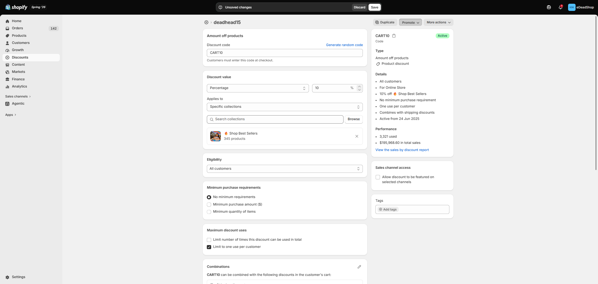 Step #1: From your Shopify admin panel, navigate to your discounts and open the specific discount code you want to share.