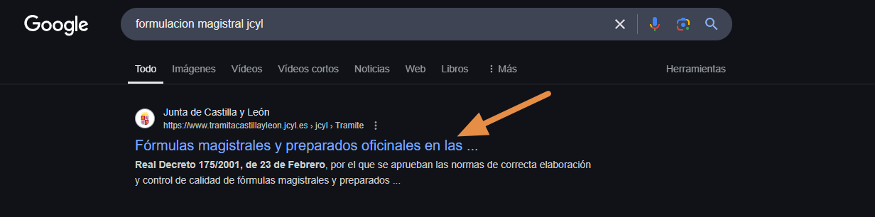 Step #2: Si el buscador por defecto es el Google, aparece esta pantalla y entramos en la primera opción que indica fórmulas magistrales y preparados oficinales.