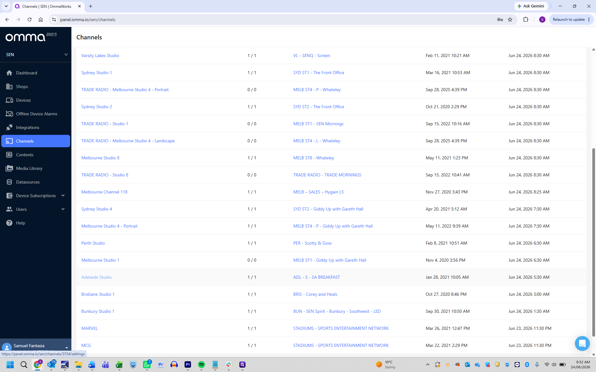 Step #2: Select the studio channel you want to update, such as Adelaide Studio.