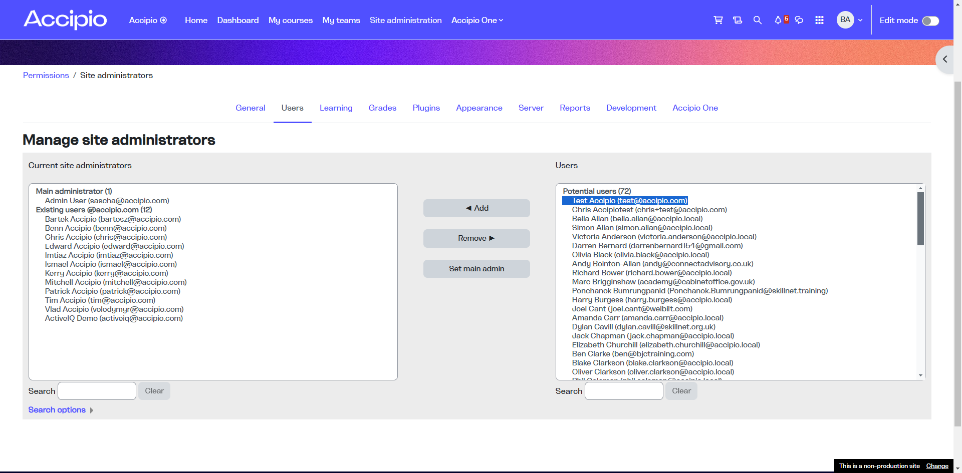 Step #4: Click on "Test Accipio ( test@taccipio.com )"