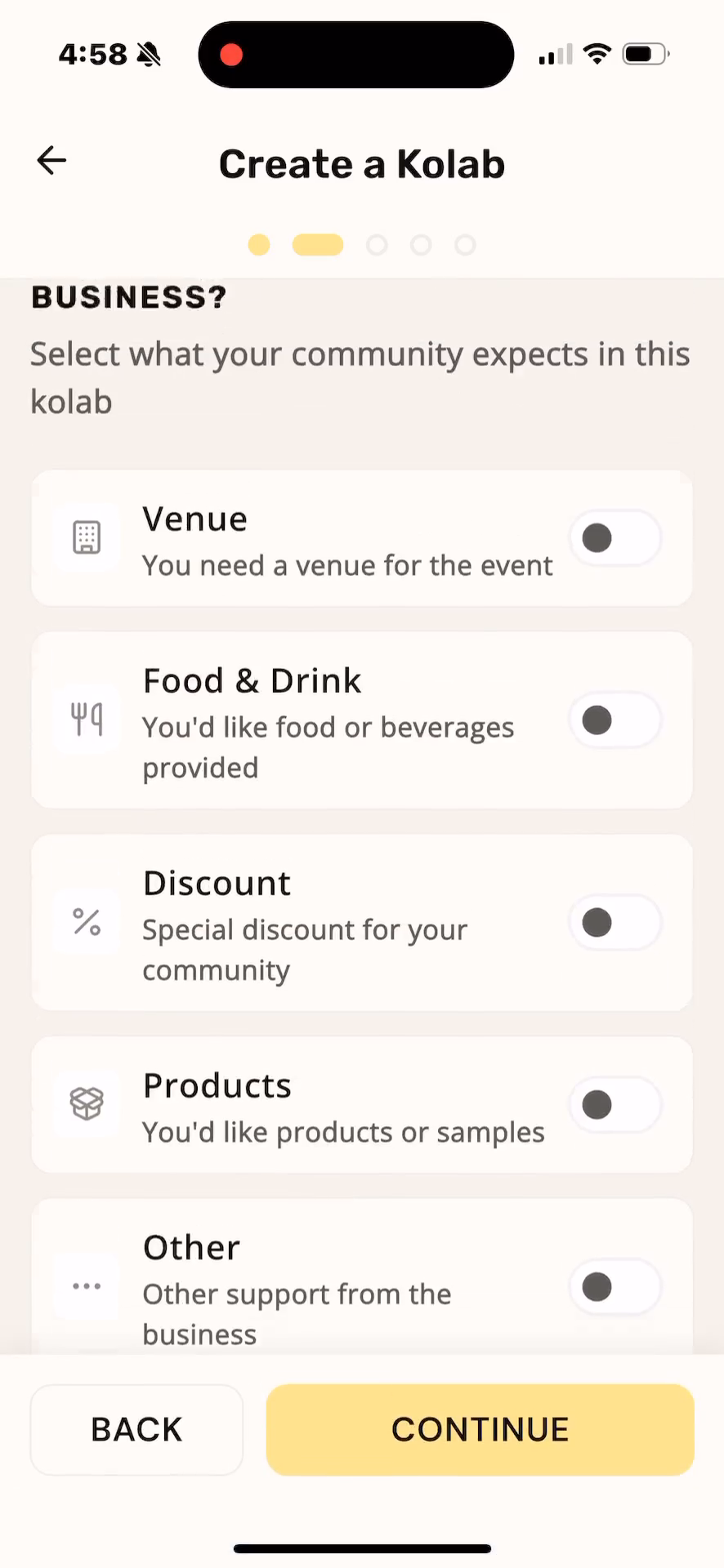 Step #17: Toggle on the specific elements you need a business partner to provide, such as Venue, Food & Drink, and Event Activation.