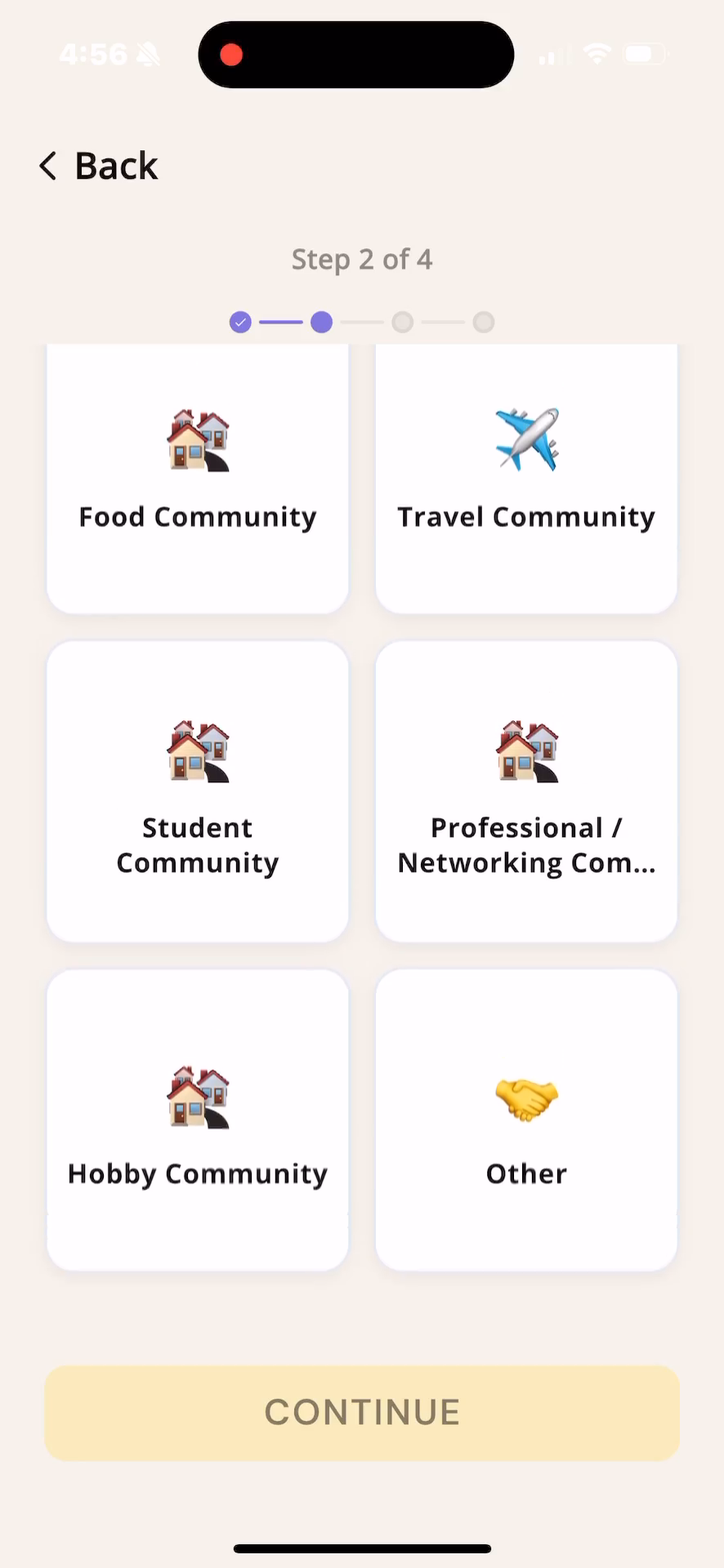 Step #5: Select your primary community category, such as the Professional / Networking Community tile.