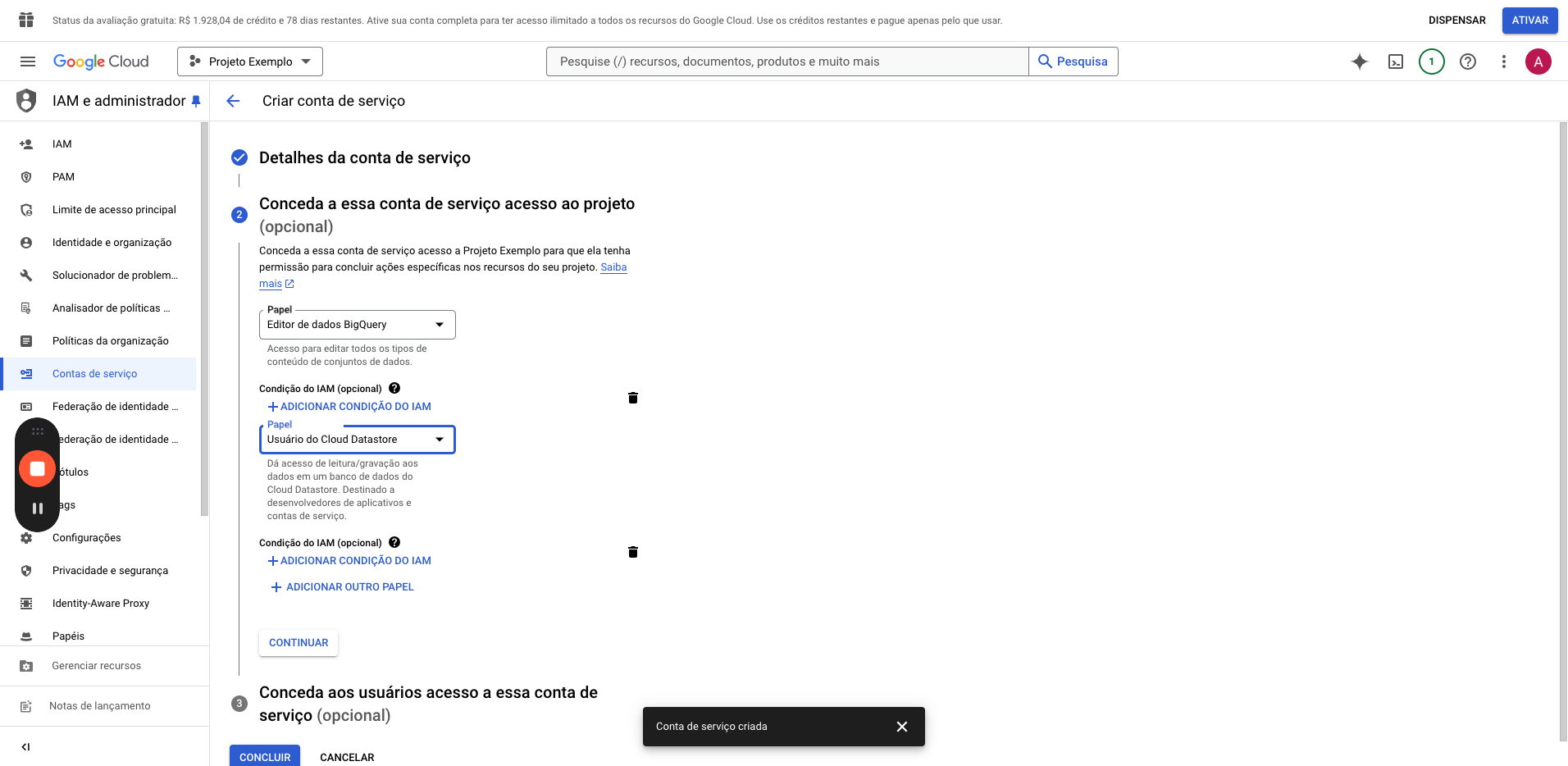 Step #18: Selecione "Usuário do CloudDataStore" 