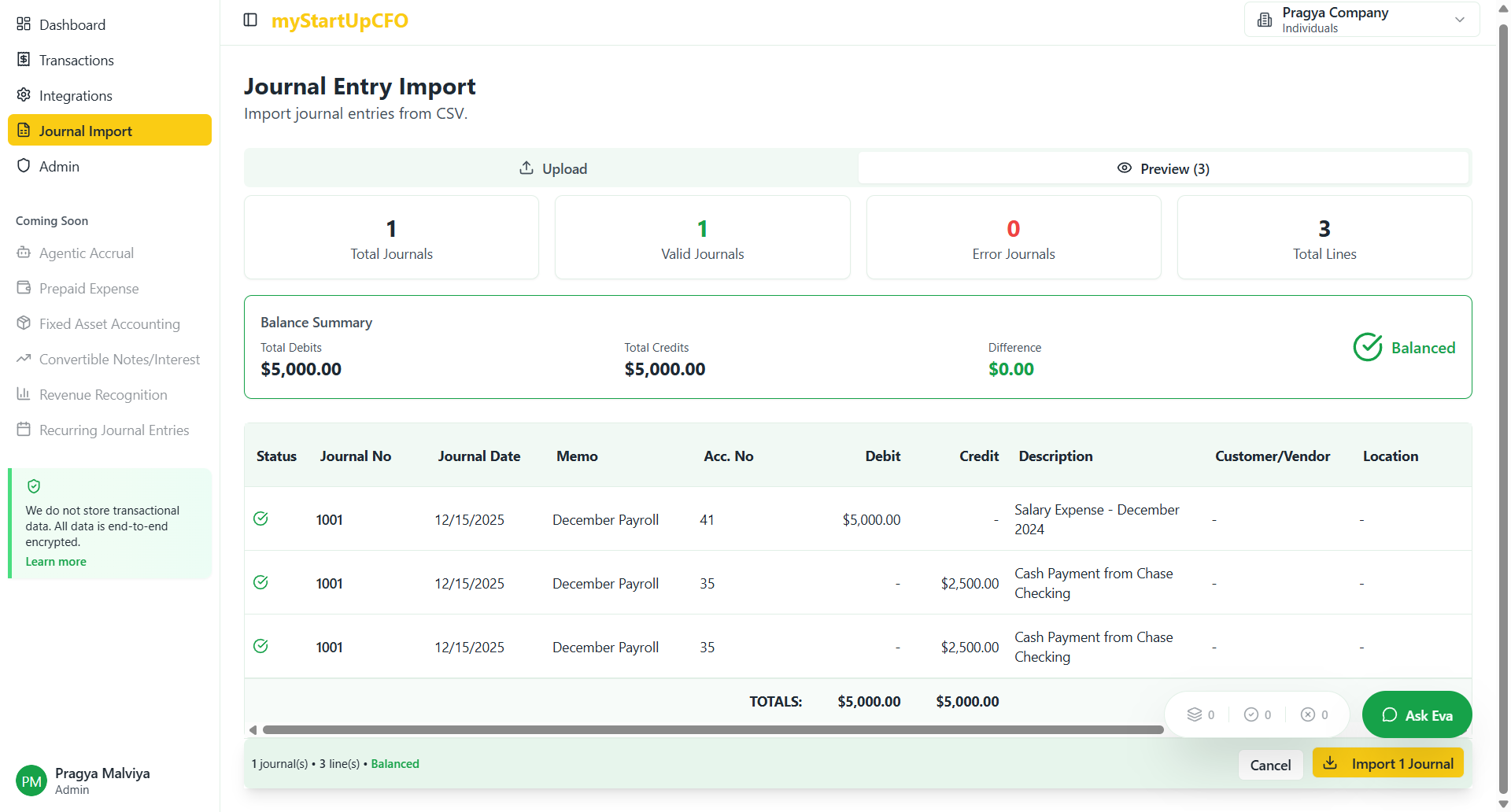 Step #5: Click the "Import" button to transfer the validated Journal Entries to QuickBooks.