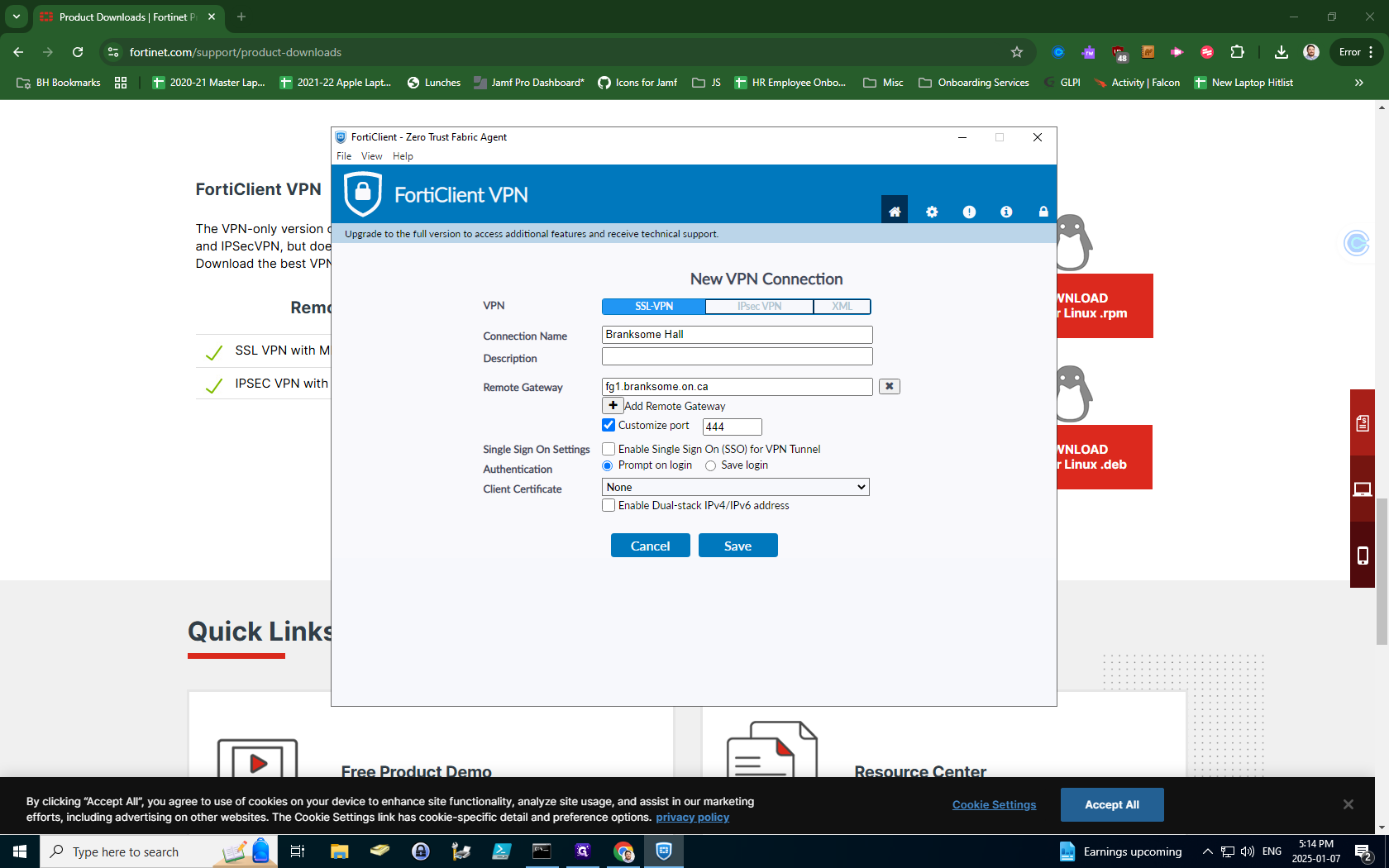 Step #10: Under Connection Name type Branksome HallUnder Remote Gateway type fg1.branksome.on.caClick on "Customize port" and change the number to 444Under Single Sign On Settings check the box next to Enable Single Sign on (SSO)