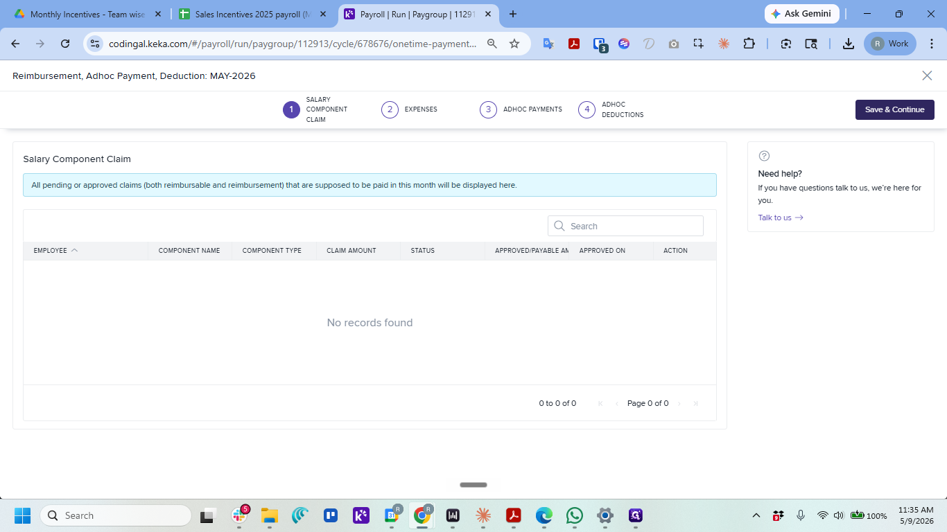 Step #9: The Salary Component Claim section is typically empty. Click Save & Continue.
