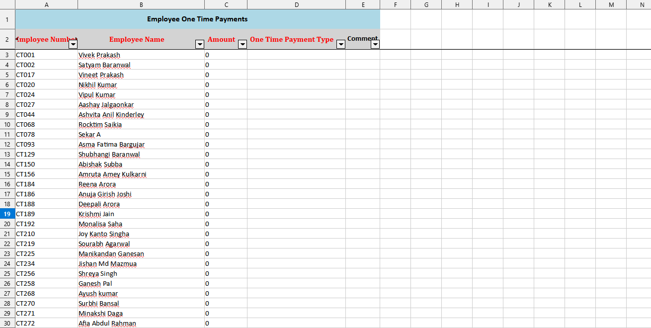 Step #14: Open the downloaded Keka template in Excel (or a compatible spreadsheet editor) and paste the data. A sample Keka template (before the incentive data is populated) is shown below for reference: