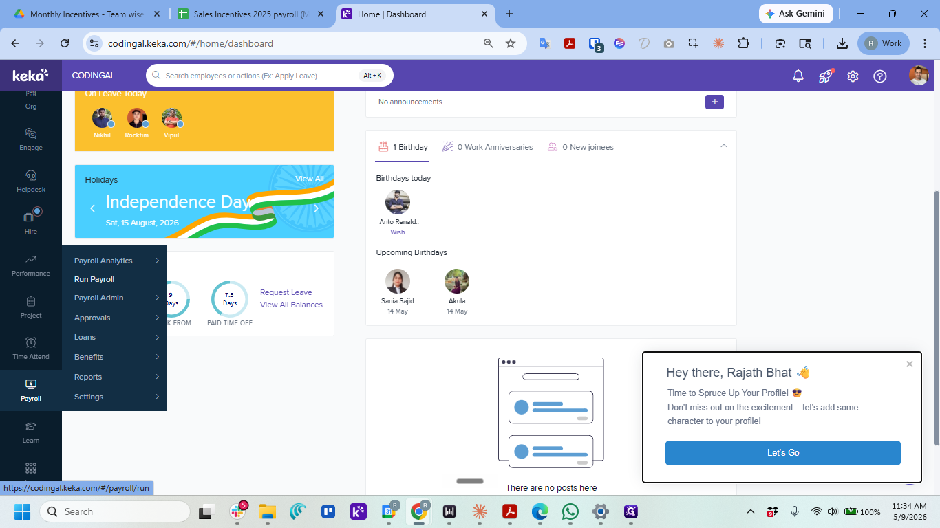 Step #6: Log in to Keka, navigate to Payroll on the left menu, and click Run Payroll.