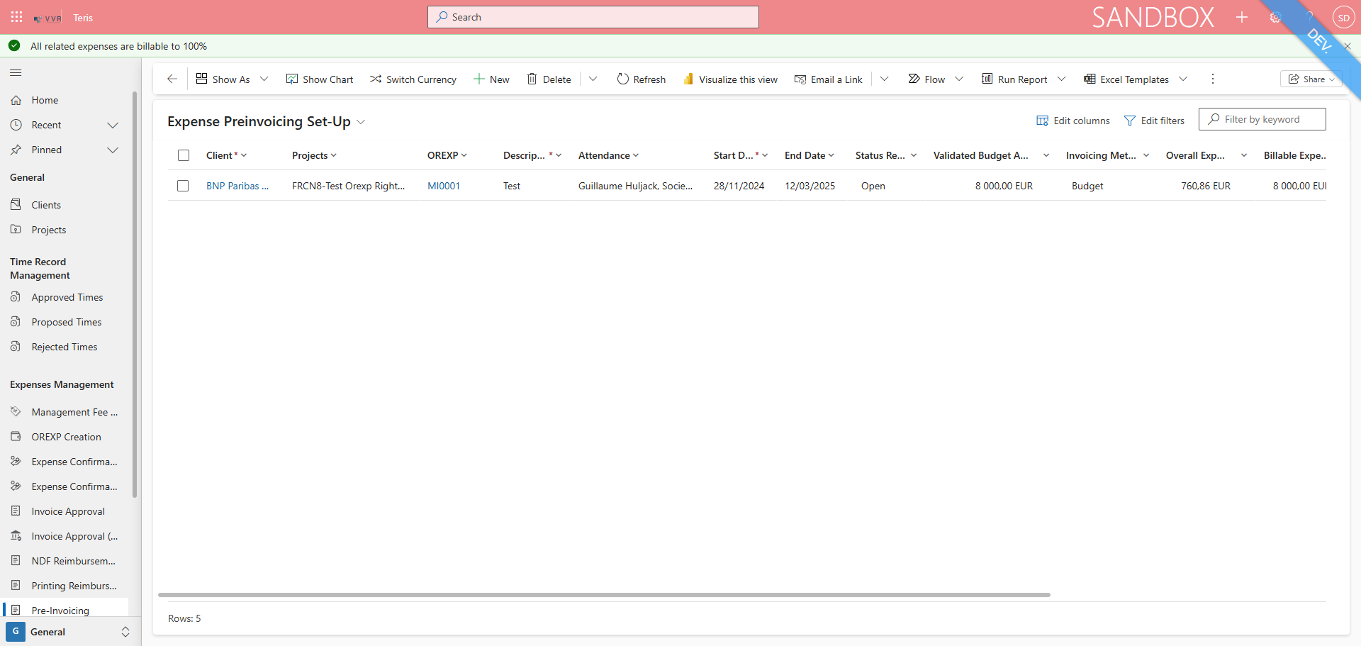 Step #9: Confirmation message "All related expenses billable to 100 %"