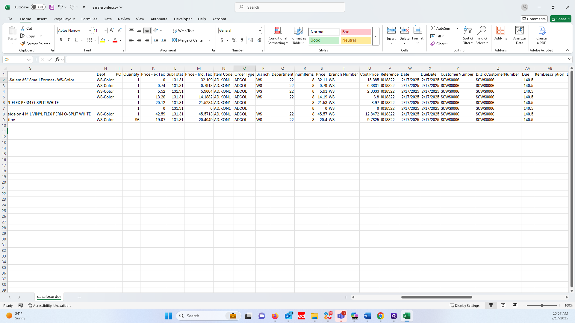 Step #24: Scroll to the right and double check that all the item code values are filled in for each row.