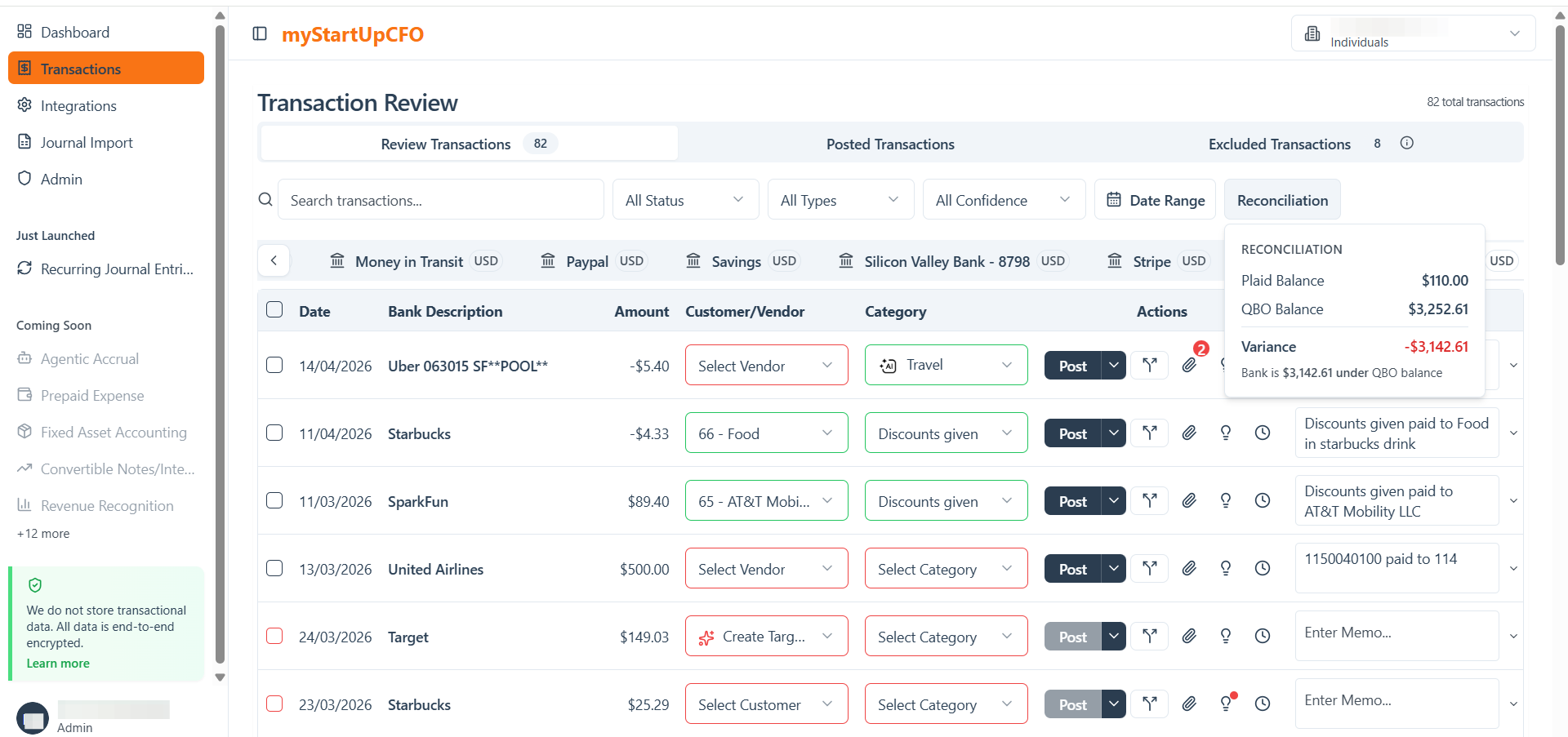 Step #2: Click the Reconciliation option for the selected bank account to open its reconciliation details. Review the displayed data to understand the current reconciliation progress and identify any unmatched or pending transactions.
