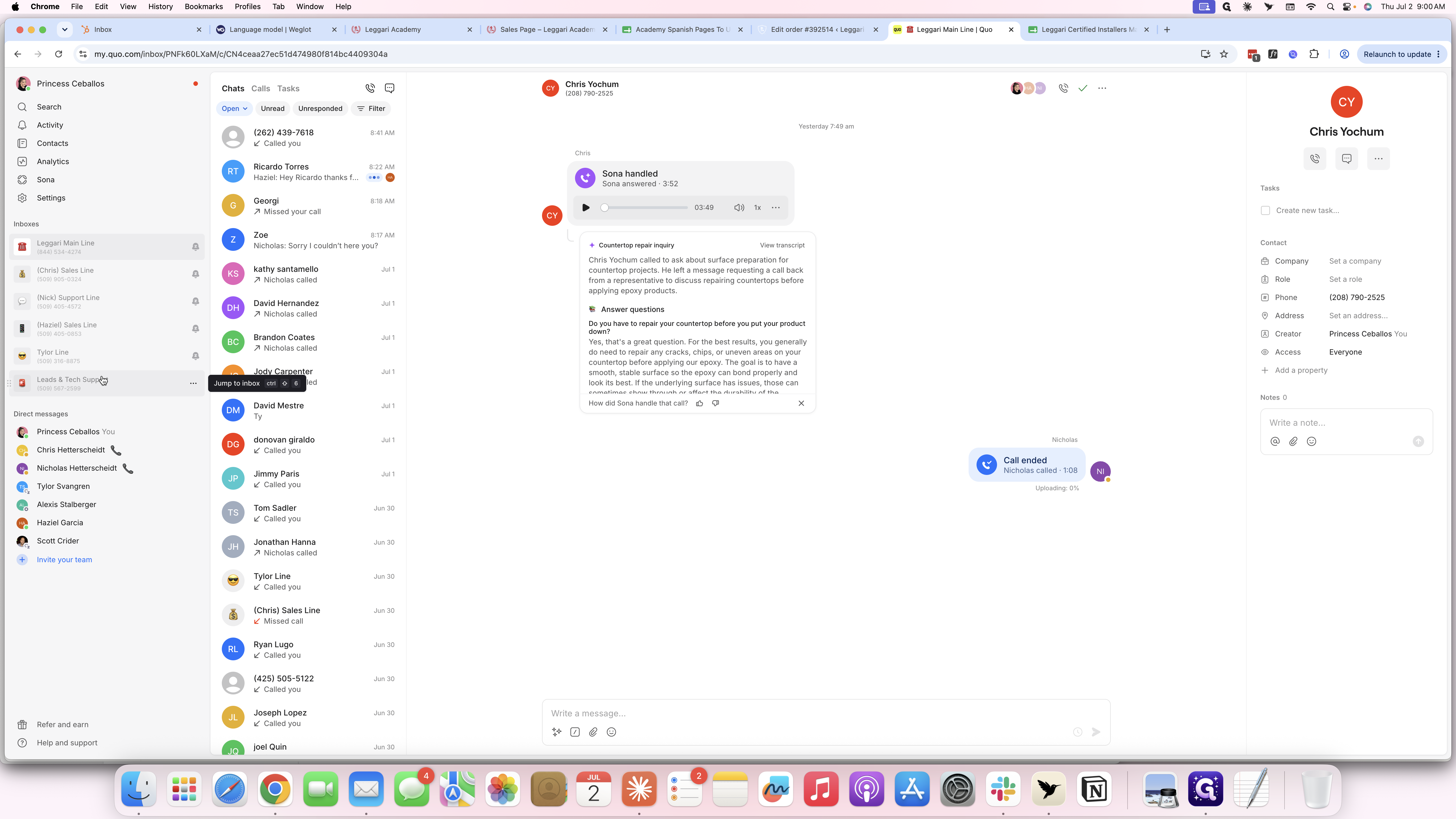 Step #14: Open the Quo communication dashboard and navigate to the Leads & Tech Support inbox.