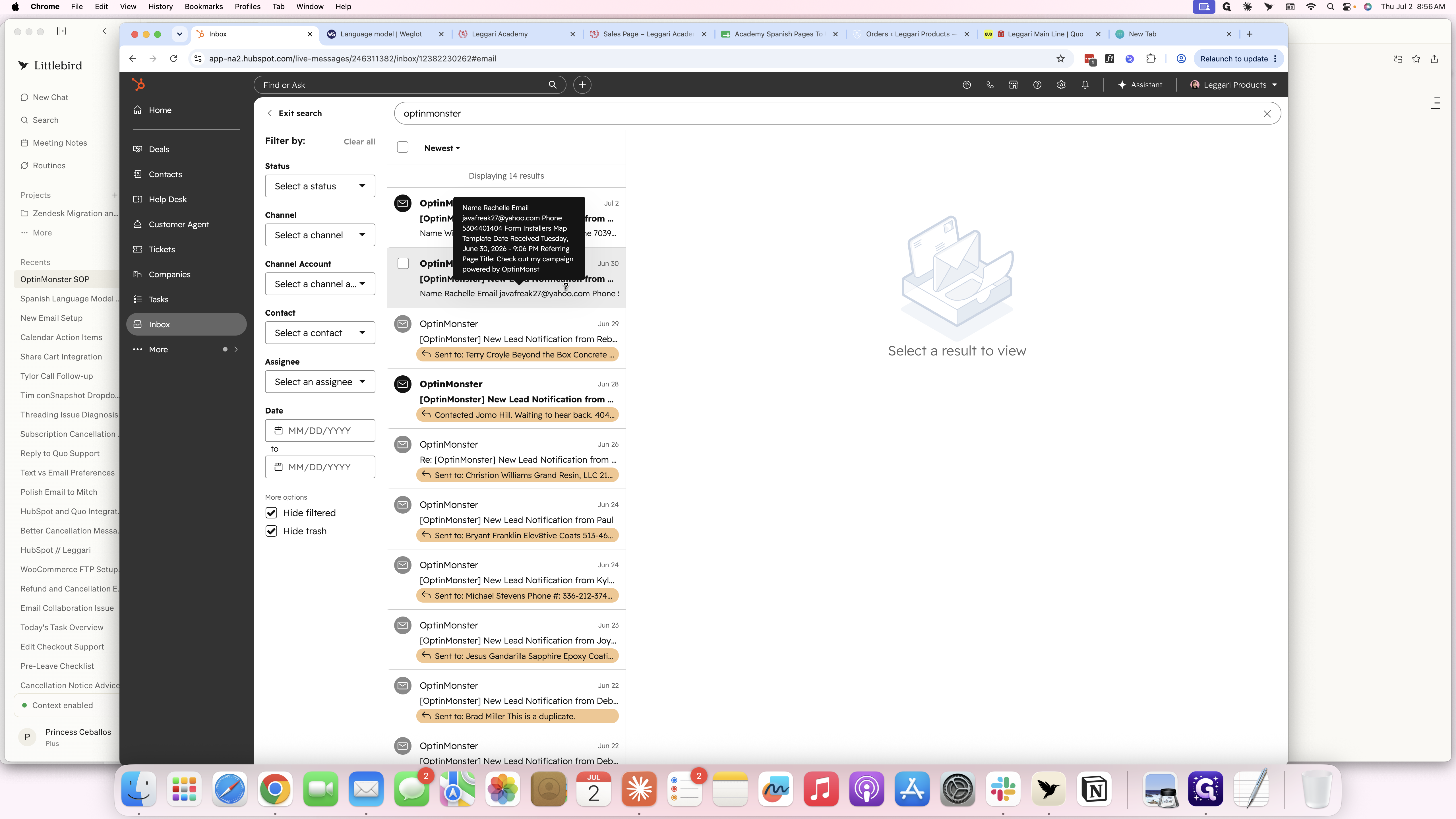 Step #3: Click on the incoming lead email from OptinMonster in the search results.