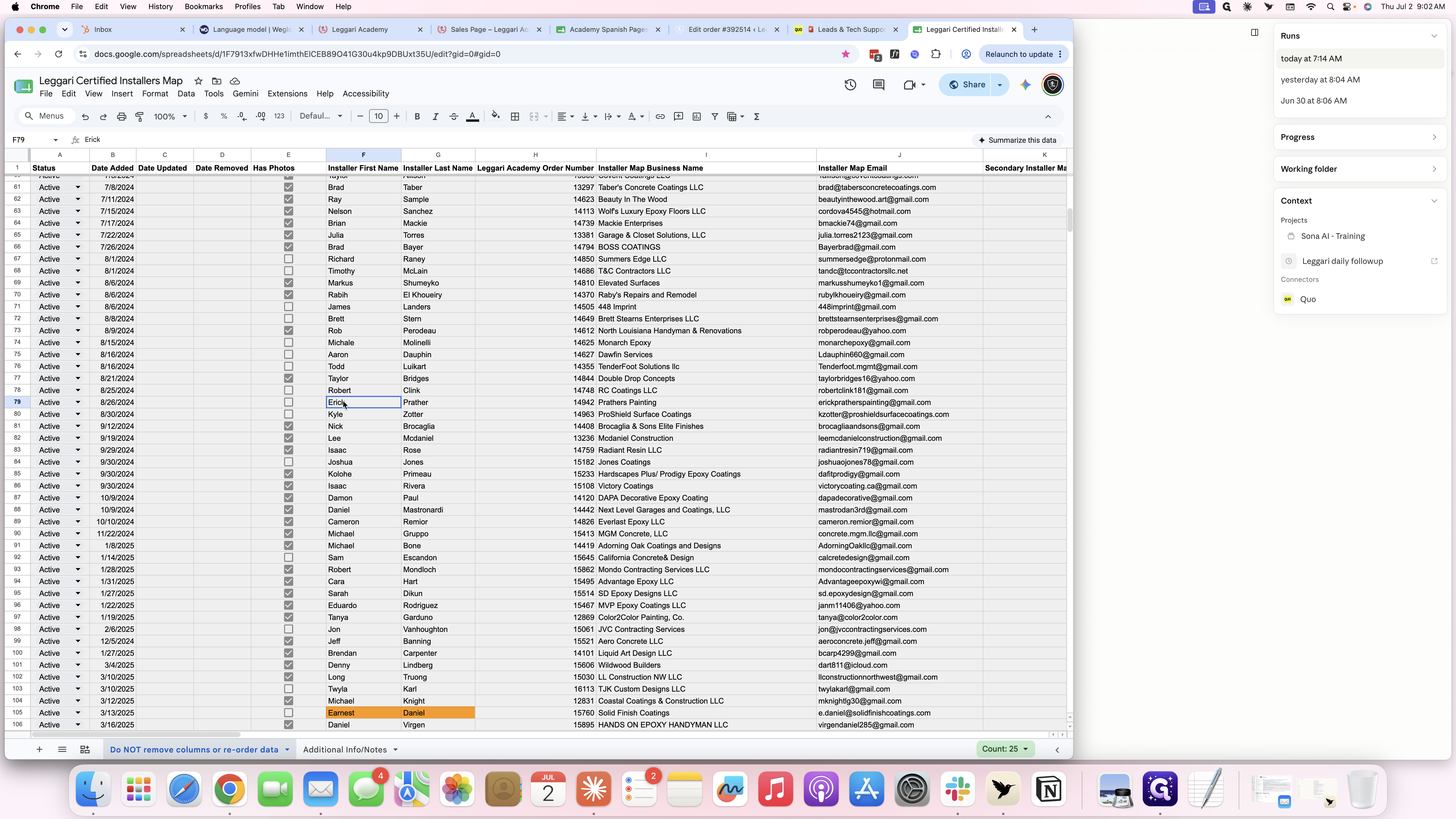 Step #20: In the Installers Map spreadsheet, select the cell containing the installer's name.